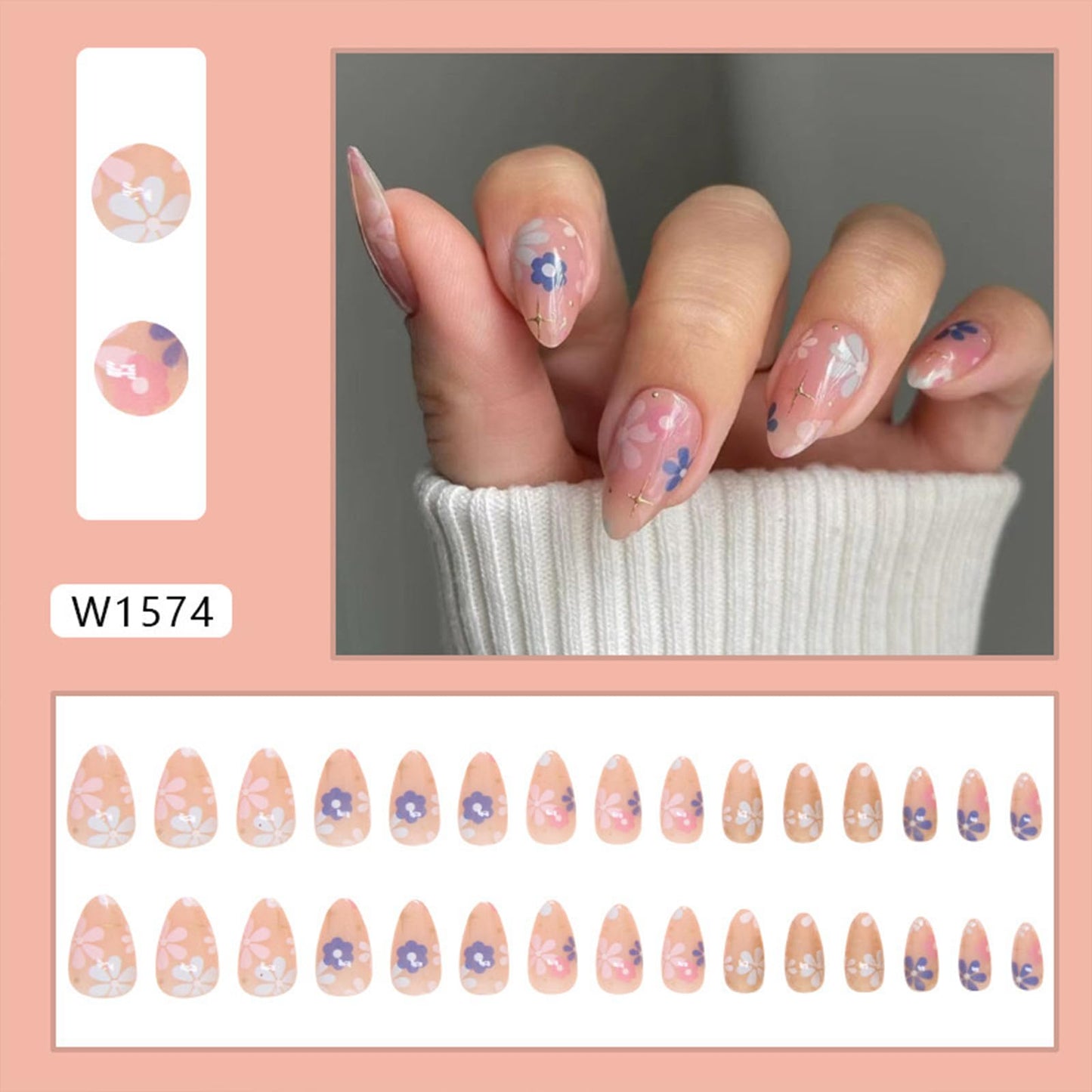 Flower Press on Nails Medium Almond Fake Nails Pink False Nails Press ons with Design Floral Glue on Nails Glossy Full Cover Acrylic Stick on Nail for Women Manicure 24Pcs