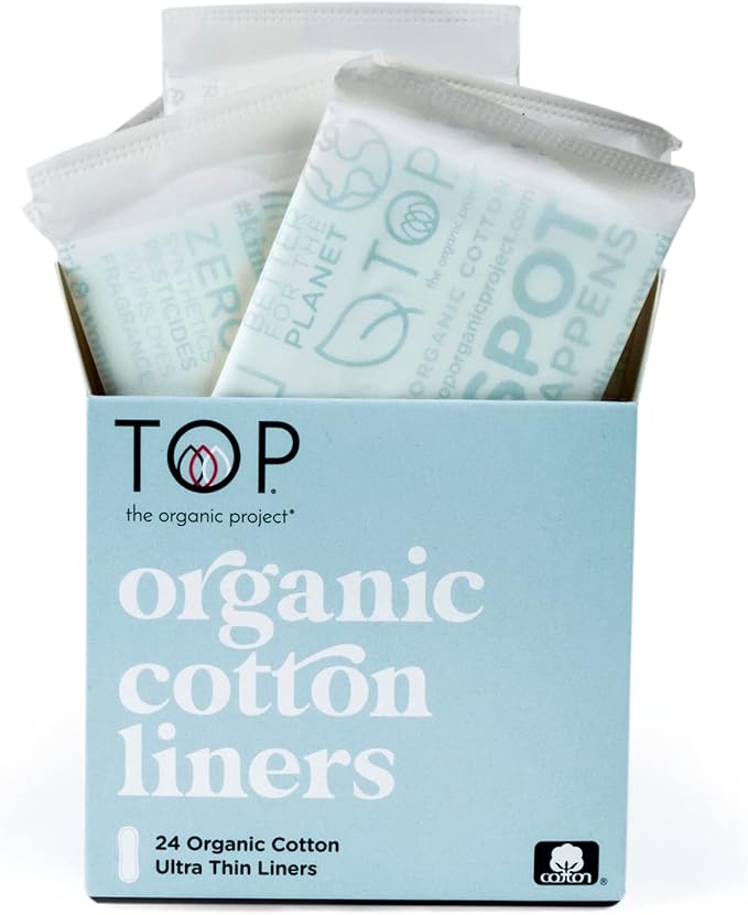 TOP: Certified Organic 100% Cotton Ultra Thin Panty Liners | Non-Toxic, Biodegradable, Plant Based, Made in Europe, (Mom Created, Comfortable, Discreet, Fragrance & Dye Free, Women & Teens), 24 Count