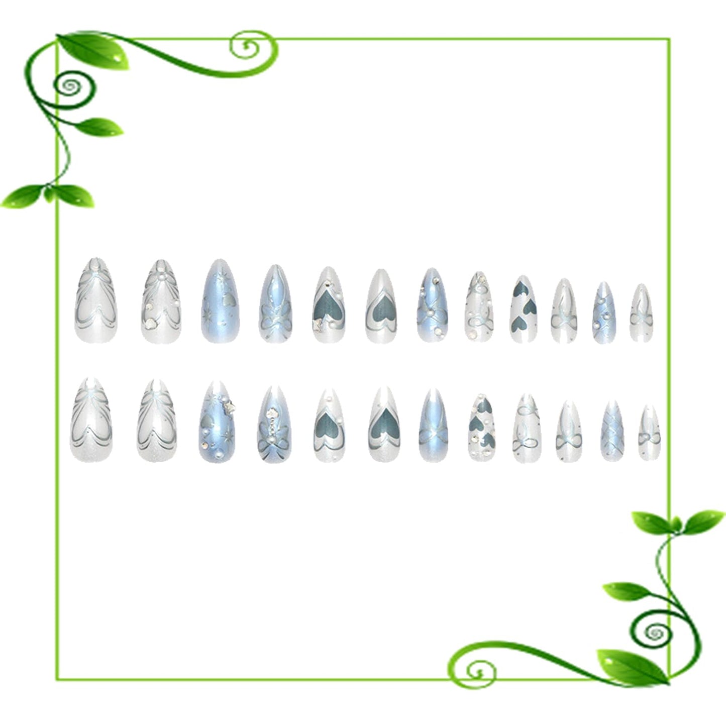 TBRZTR Press on Nails Medium Almond Artificial Acrylic False Nails 3D Love Heart Bow with Rhinestones Pearl Stick on Nail Full Cover Reusable Coffin Artificial Fingernails for Women Manicure 24Pcs