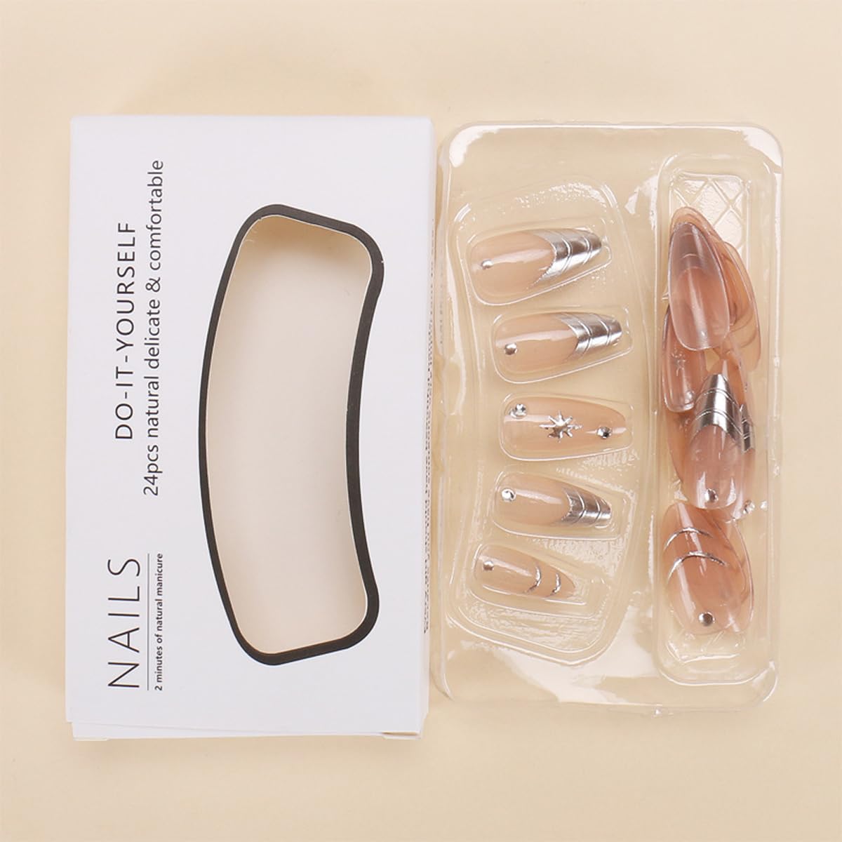 Silver Press on Nails Almond Fake Nails Medium Length False Nails Press ons with Star,Lines Design,Reusable Artificial Nail Full Cover Glossy Glue on Nail Stick on Nails for Women Manicure 24 Pcs