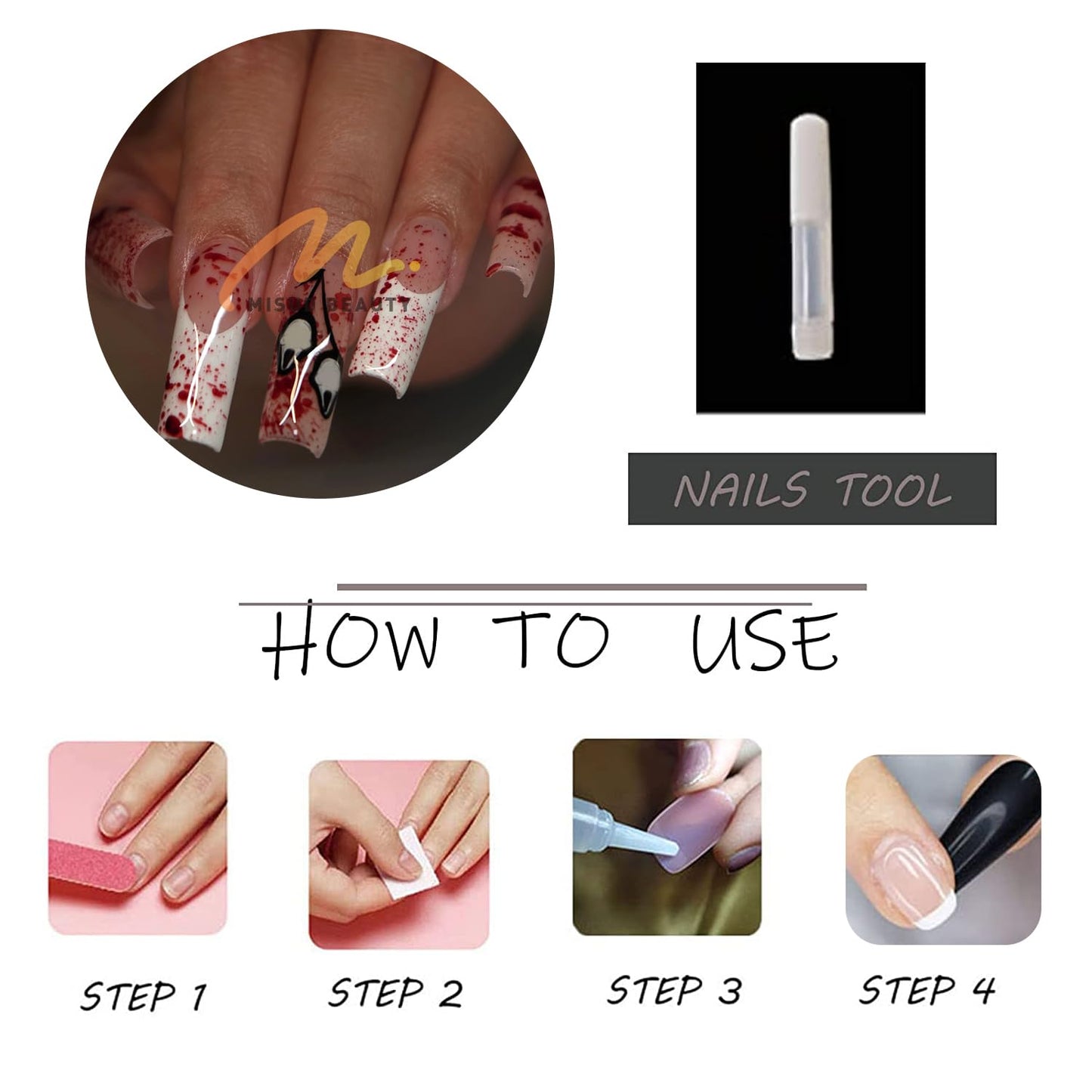 MISUD Press on Nails - Long Square Fake Nails with Goth Blood, Acrylic Gothic Ghost Design 24 pcs