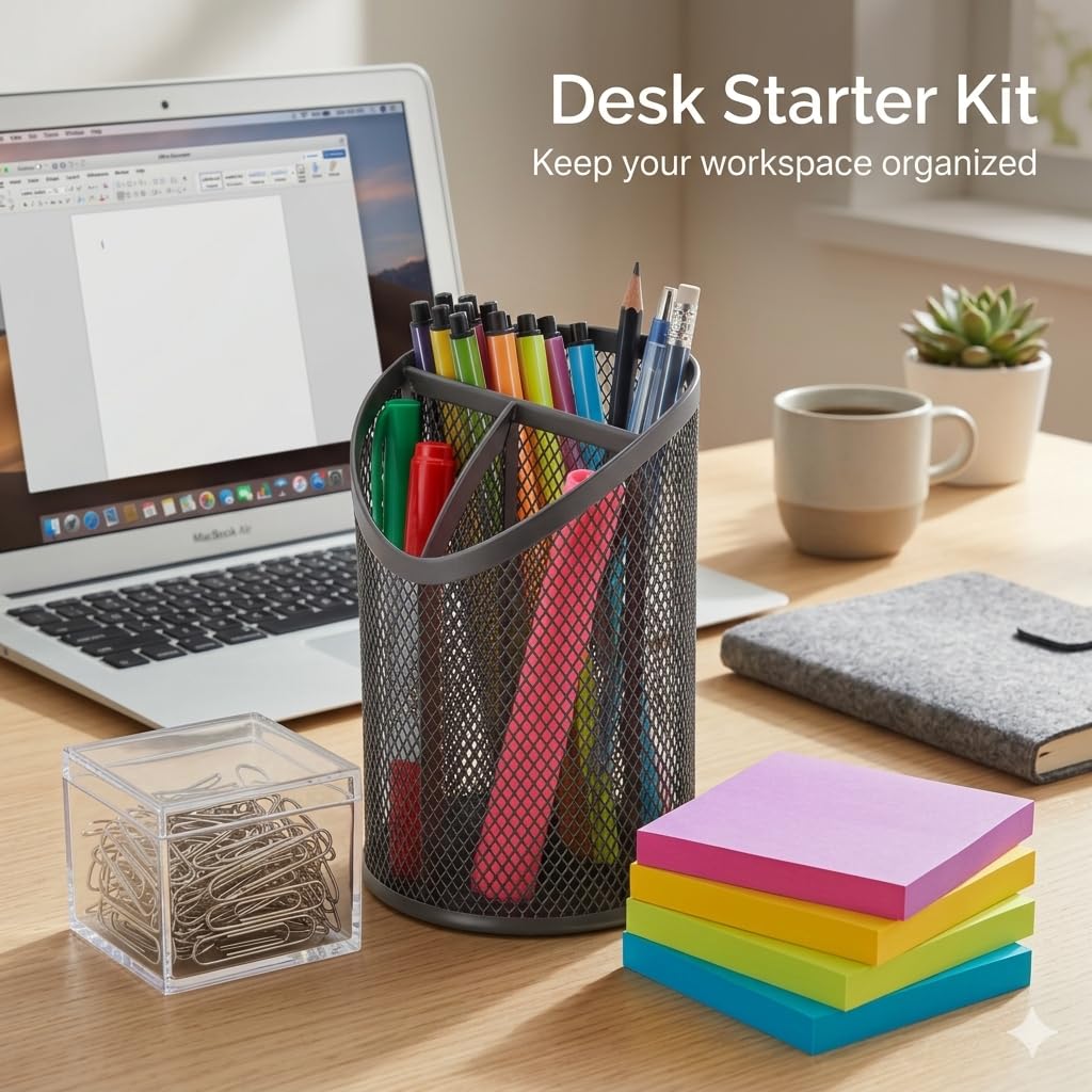 Desk Starter Kit Bundle Metal Mesh Pencil Holder 3 Compartments, Sticky Notes 3x3 in. Neon, Paper Clips 100 Count Student, Office, Home Workspace Organizer Set