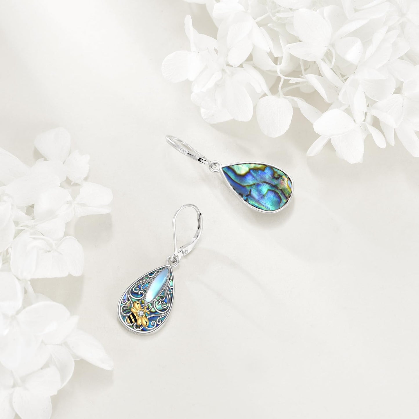 Bee Filigree Earrings Sterling Silver Teardrop Abalone Shell Drop Dangle Filigree Leverback Earrings Jewelry