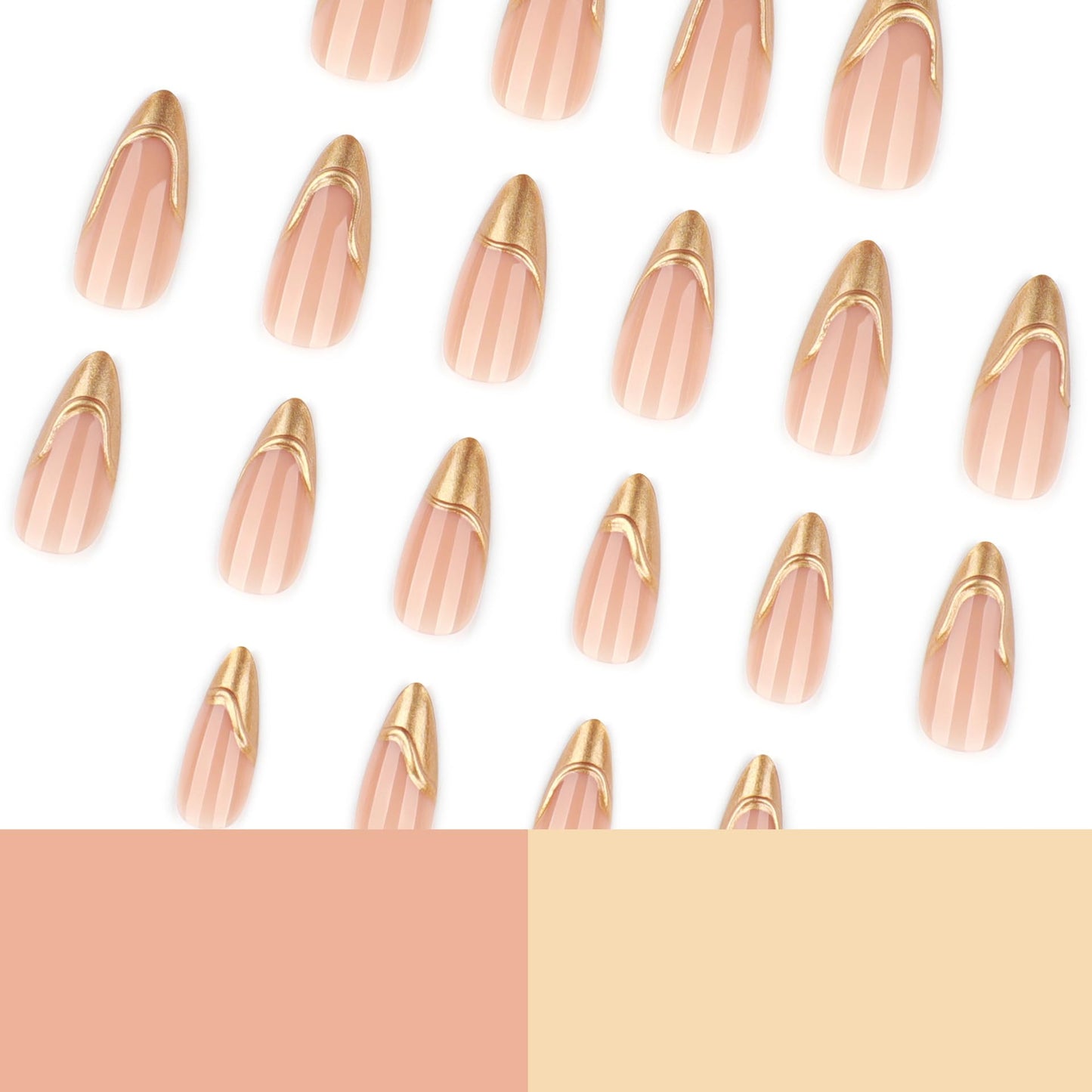 RUOKEXIN Almond Press on Nails French Tip Fake Nails Gold False Nails with 3D Designs Medium Length Nail Press ons Sparkly Artificial Nails for Women 24Pcs