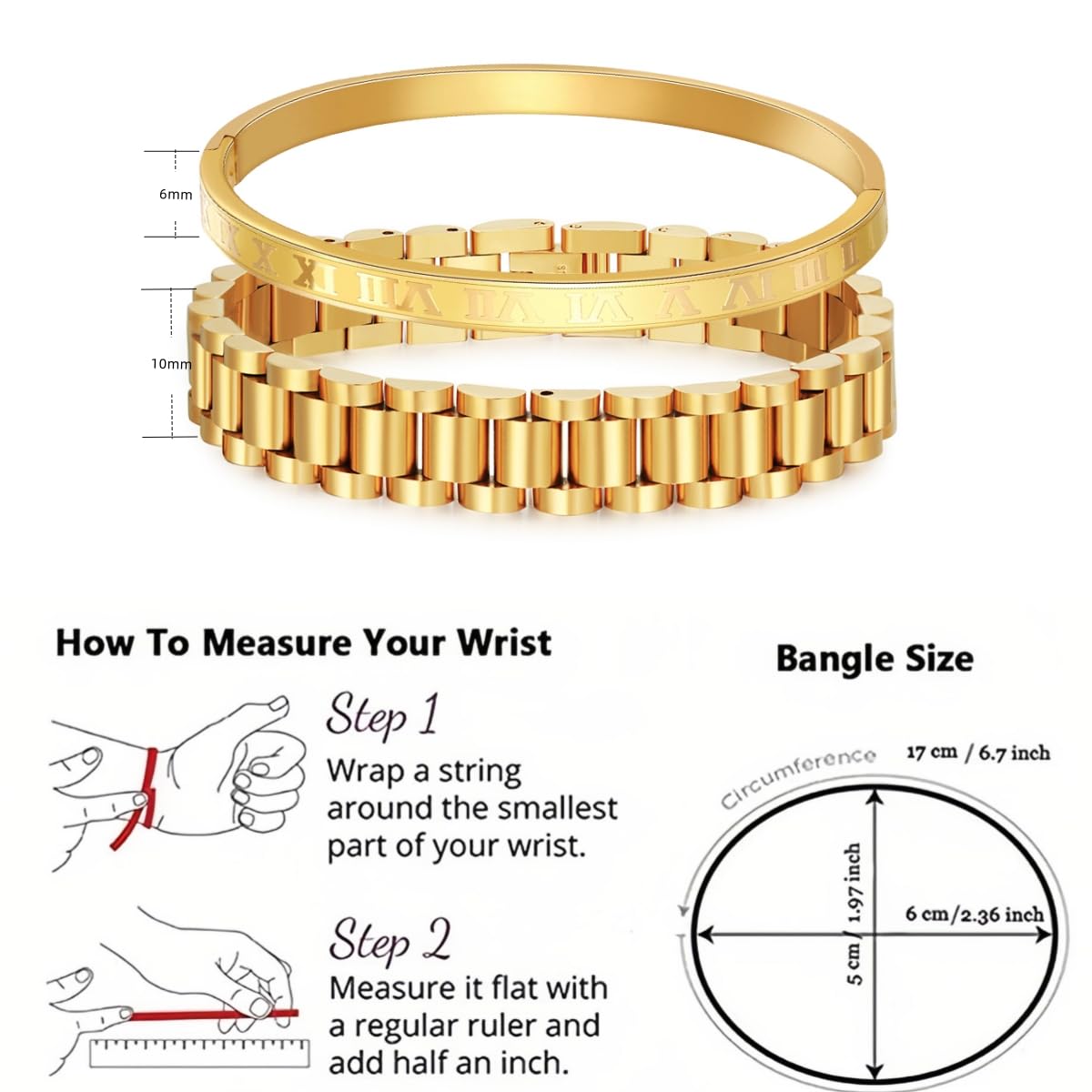 Jarlinwel Gold Silver Plated Bracelets for Men Women Roman Numeral Bangle Bracelet Stainless Steel Personalized Engraved Unisex Gift (2 Pcs Women Gold Strap Bracelet)