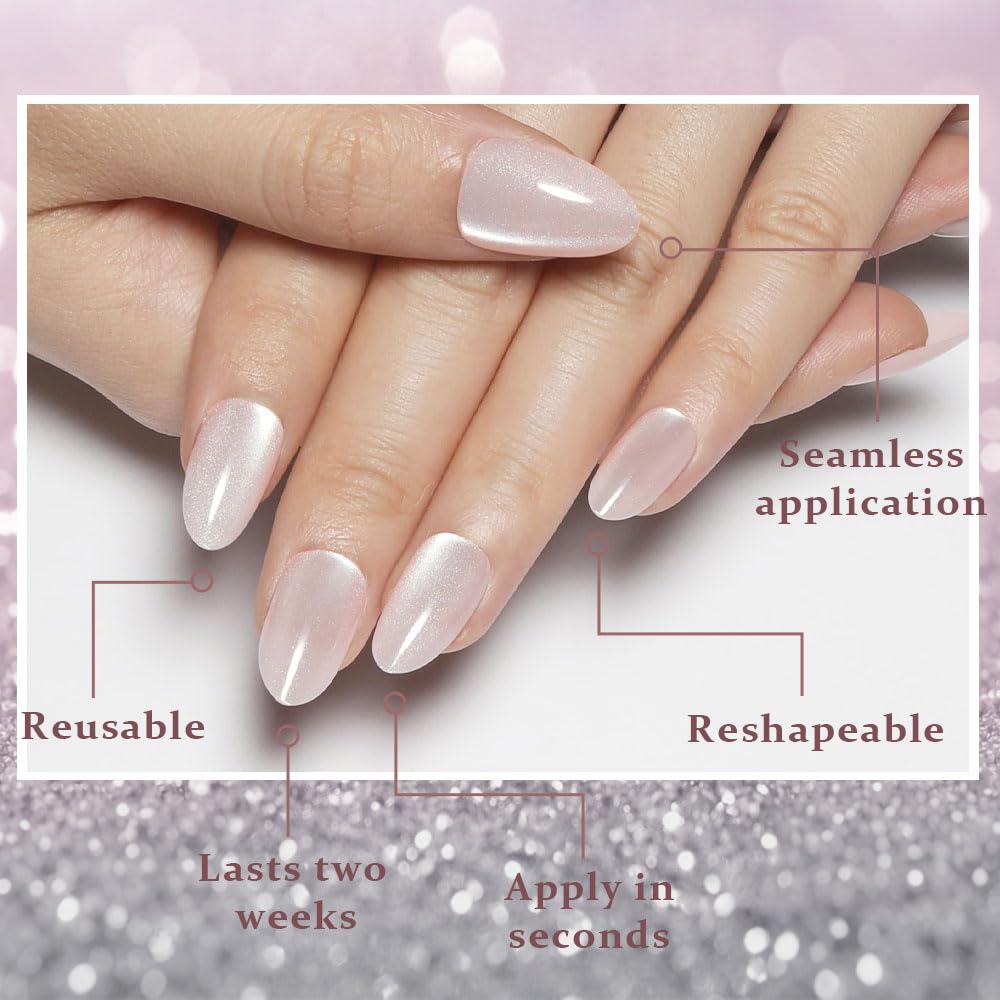 evpct Crystal White Cat Eye Extra Short Press on Nails Almond, Petite Short Almond Stick on Nails for Women Gift, White Glossy Holographic False Nail Reusable Press on Acrylic Fake Nail with Design