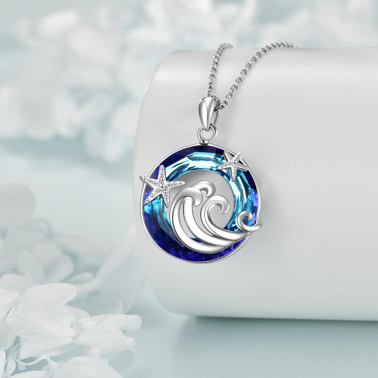 CRMAD Ocean Beach Necklace for Women Sterling Silver Starfish Wave Ocean Jewelry Gifts (crystal)