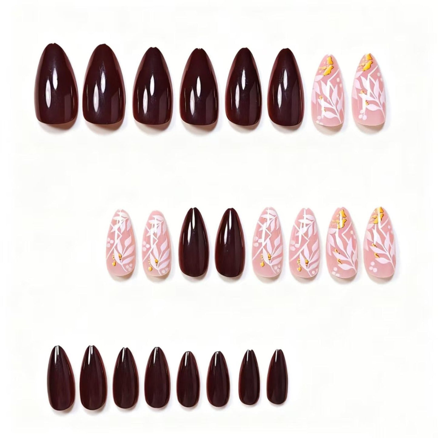 IMSOHOT Fall Press on Nails Medium Almond Fake Nails Fall Brown White Maple Leaf False Nails Glossy Full Cover Glue on Nails for Women 24Pcs