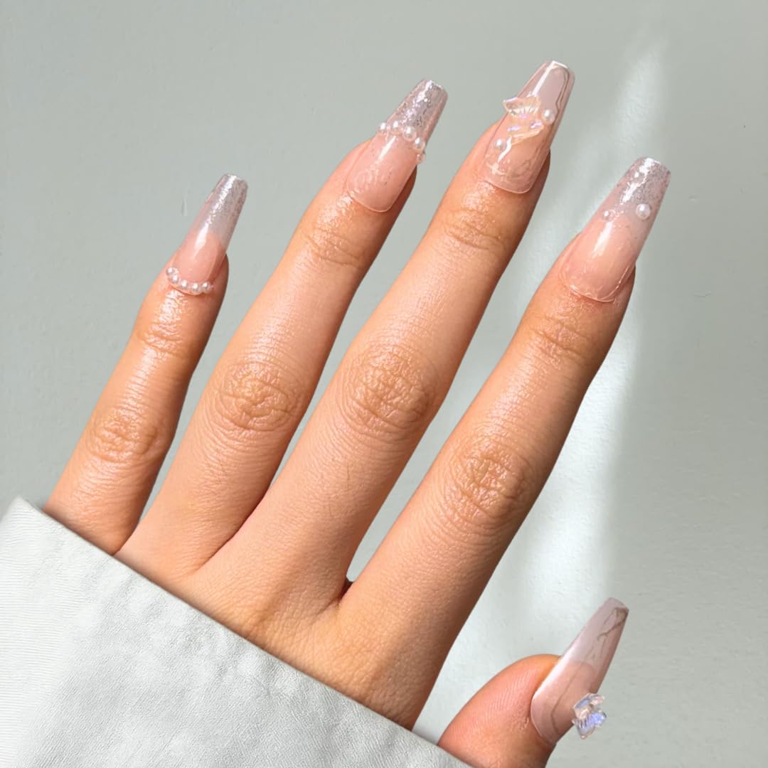 PerfectLook Press On Nails - Pearl Bloom | No Glue One-Day Nude Marble Coffin Fake Nails With Glitter & Butterfly Charms - 24 Pcs Nail Kit With Adhesive Tabs