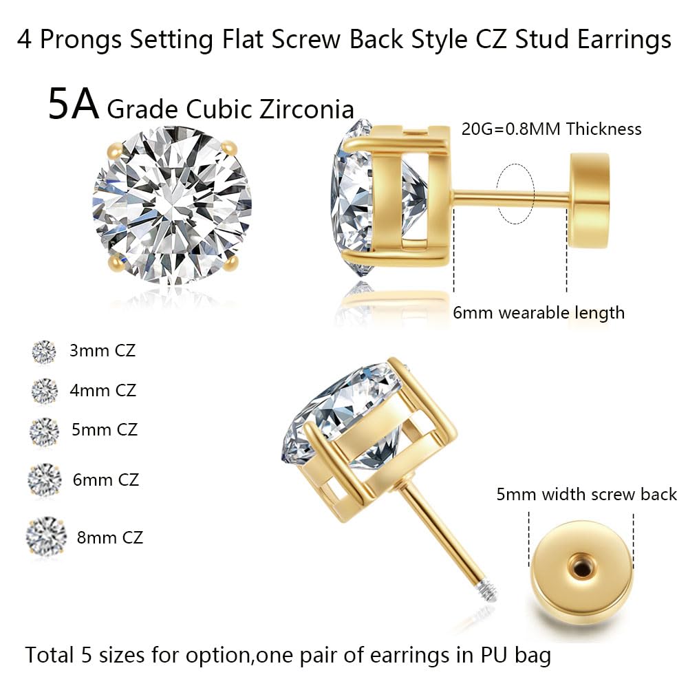 Hypoallergenic Flat Back 5A CZ Stud Earrings,Gold Plated Surgical Steel Secure Screw Back Cartilage Earrings for Women Men with Sensitive Ears | Multiple Piercing,4mm White CZ