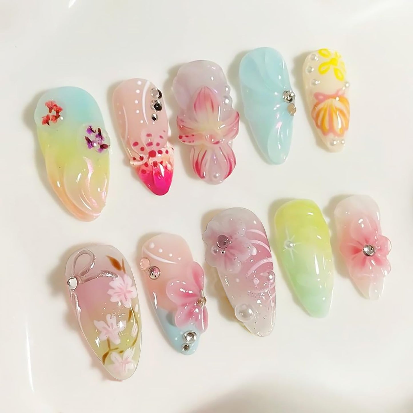 24Pcs 3D Flower Press on Nails Medium Almond Fake Nails with Silver Glitter Bow Rhinestones Design Cute Butterfly False Nails Full Cover Artificial Glue on Nails Stick on Nails for Women Acrylic DIY