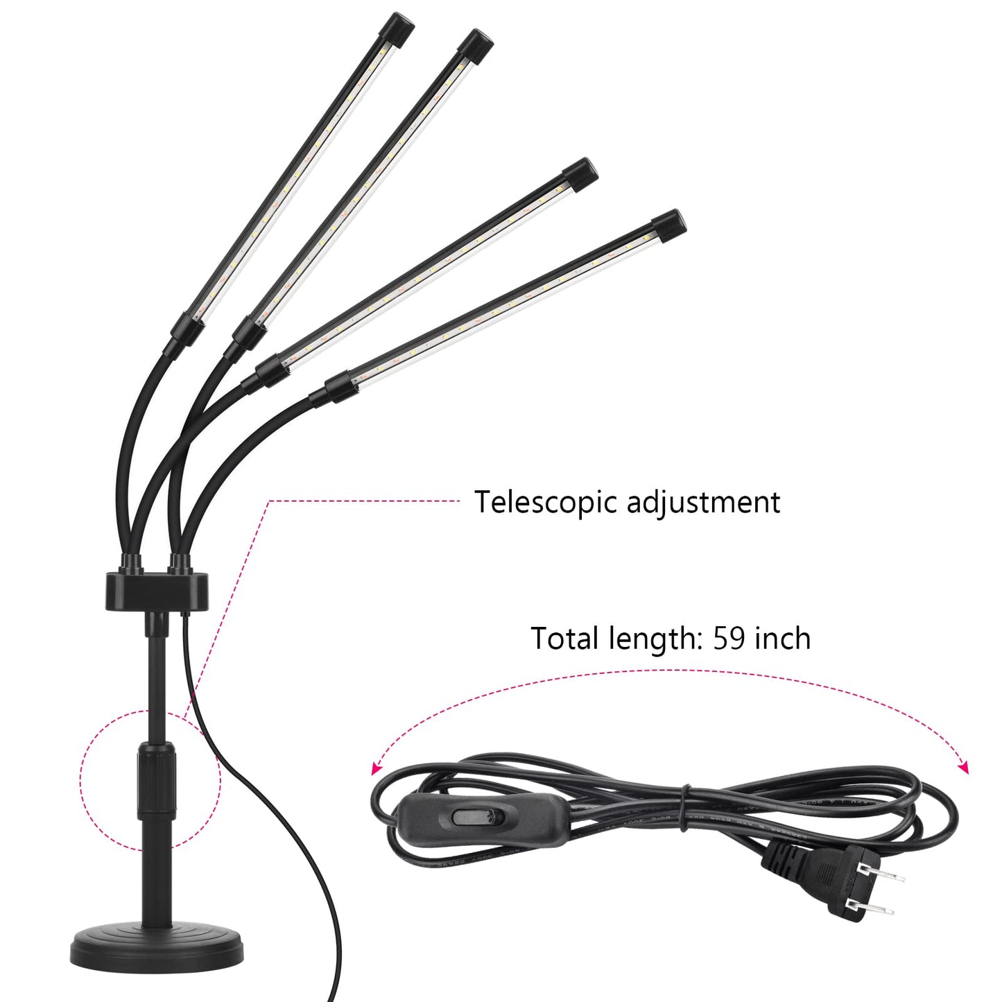Grow Lights for Indoor Plants, Four Head LED Grow Light with Full Spectrum, Red White Spectrum for Indoor Plant Lamp, Adjustable Gooseneck, Suitable for Vegetation