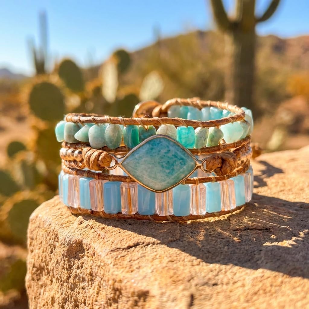YGLINE Handmade Crystal Gemstone Leather Wrap Bracelet (amazonite)