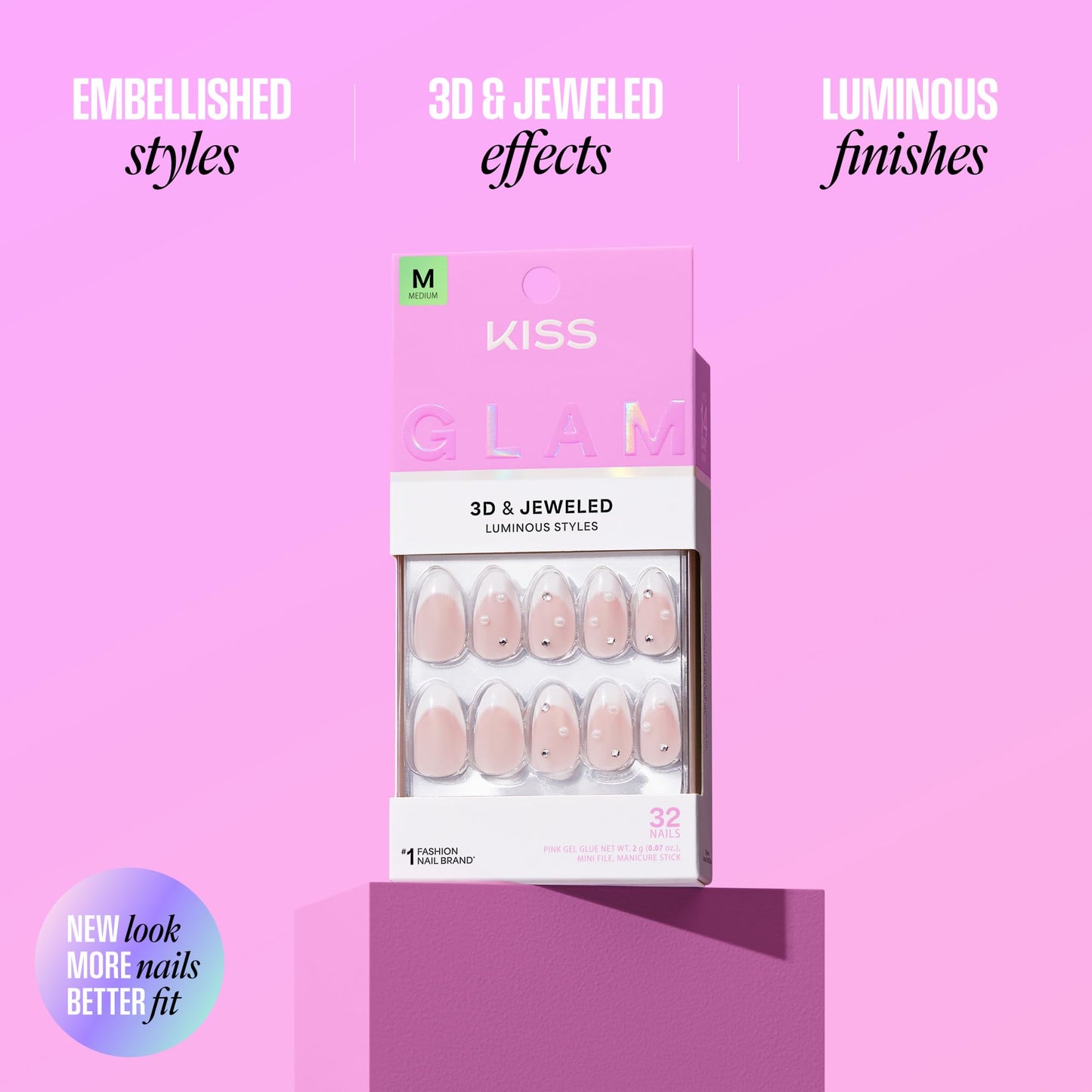 Kiss Glam, Press On Nails, Nail glue included, 'Breeze of Bliss', White, Medium Size, Almond Shape, Includes 32 Nails, 2g Glue, 1 Manicure Stick, 1 Mini File
