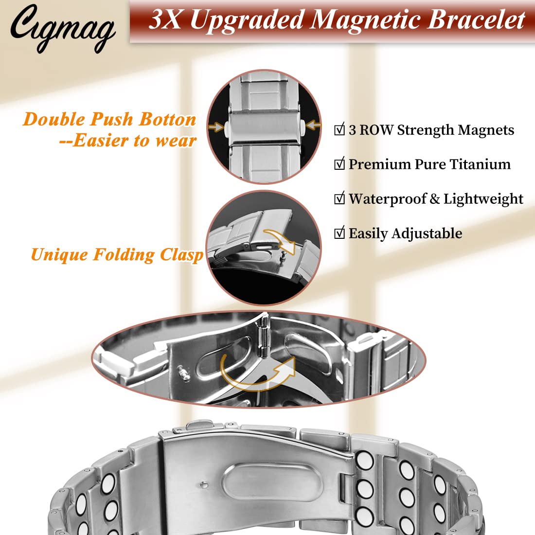 Cigmag 3X Magnetic Bracelets for Men Ultra Strength Magnets Upgrade Folding Clasp Titanium Bracelet & Copper Ring Adjustable
