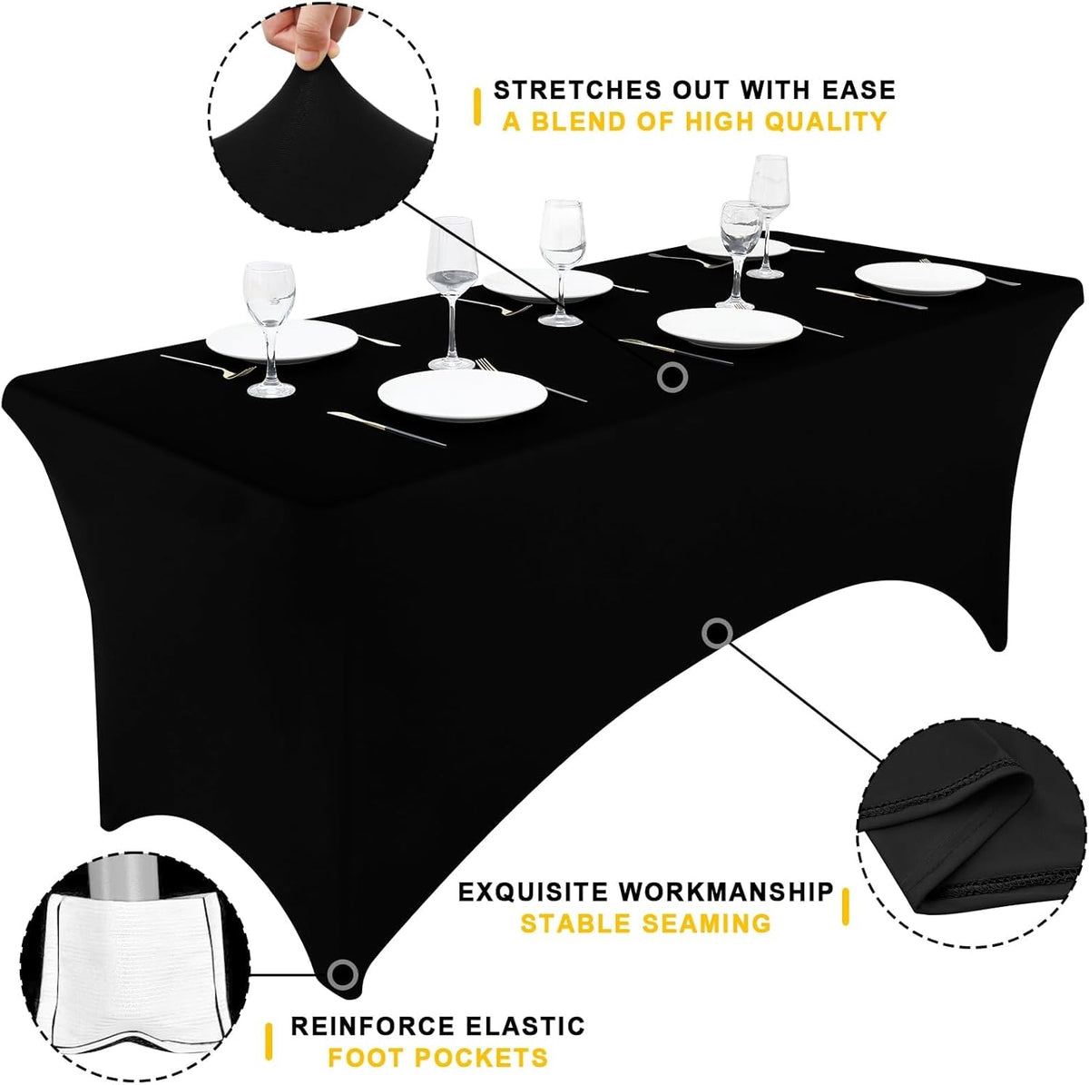Smiry 2 Pack Spandex Table Cloth 4FT, Elastic Fitted Stretch Tablecloths, Washable and Wrinkle Free Rectangular Patio Table Cover for Outdoor, Wedding, Banquet & Parties (Black, 48Lx24Wx30H Inch)