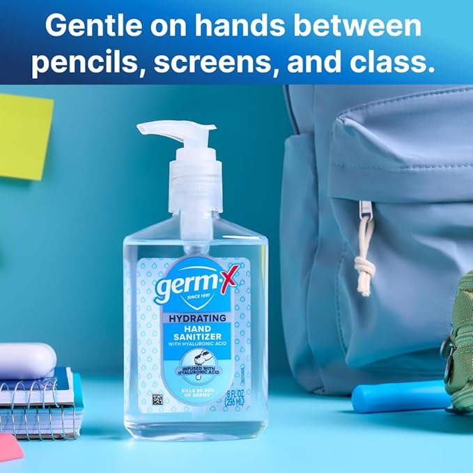 Germ-X Hydrating Hand Sanitizer, with Hyaluronic Acid, 8 FL Oz (Pack of 6), No Rinse Formula, Sanitizing Liquid Gel for All Skin Types, Formulated without Parabens, Phthalates & Dyes