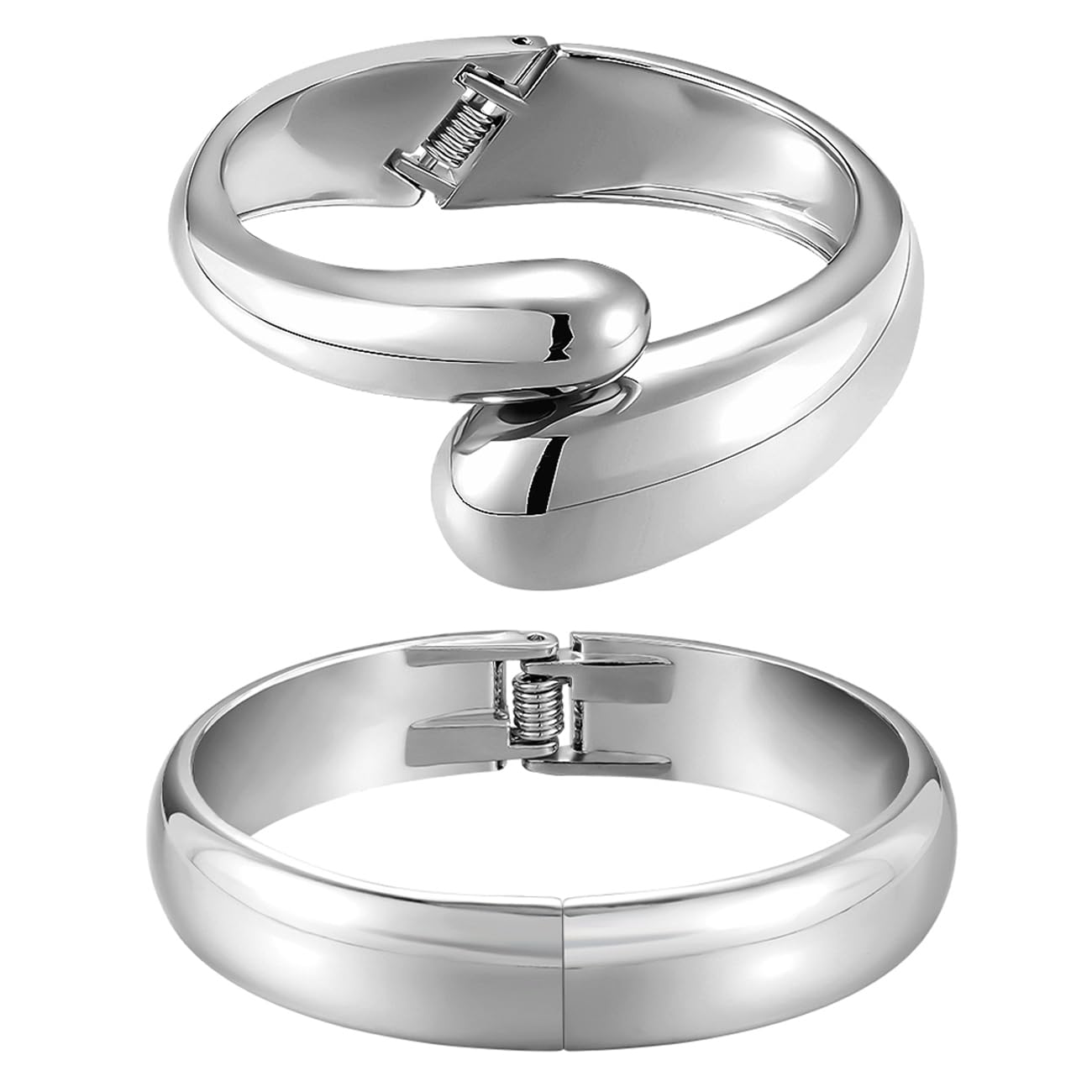 Emibele Silver Bangle Cuff Bracelet Stack, Chunky Teardrop Hinged Thick Bangle Bracelet Set, Non Tarnish Silver Bracelets for Women, 2 Pack