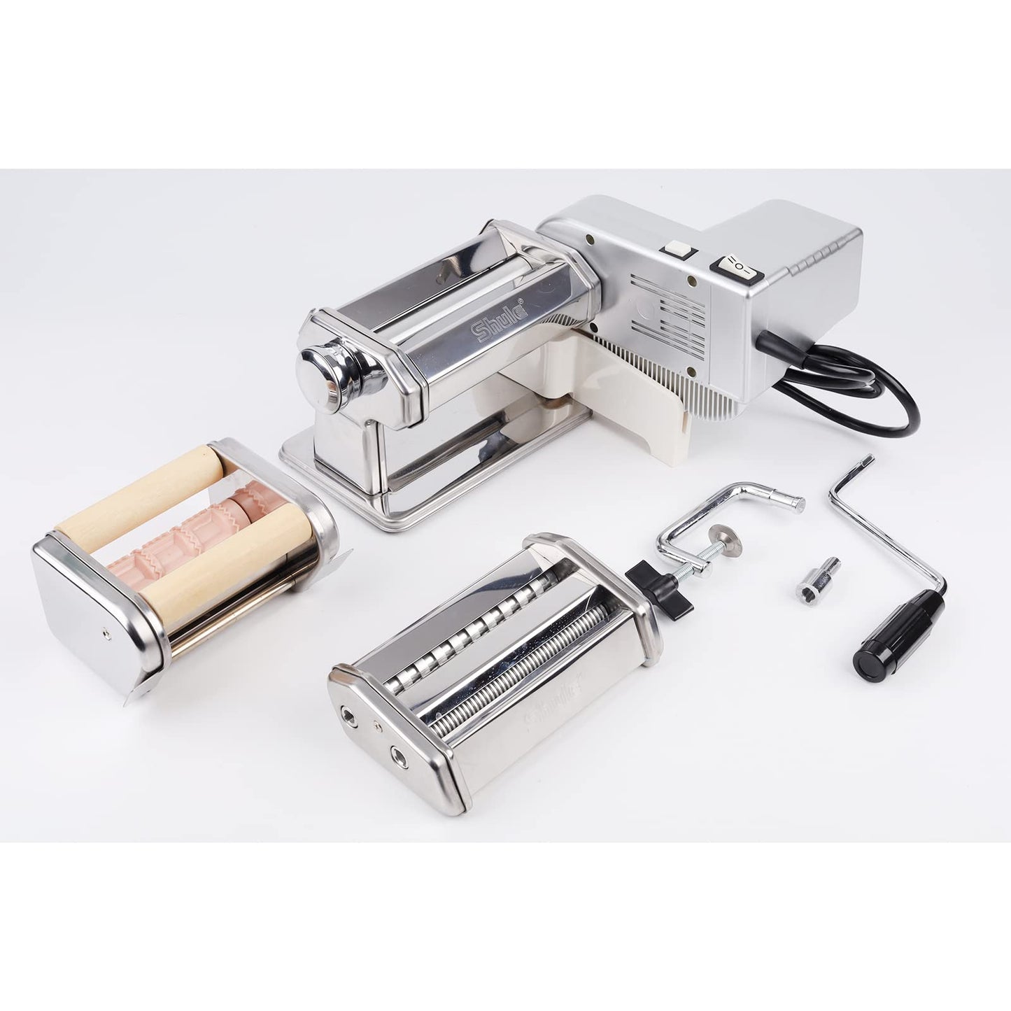 Shule Electric Pasta Maker with Motor Automatic Pasta Machine with Hand Crank and Multifunctional Rollers
