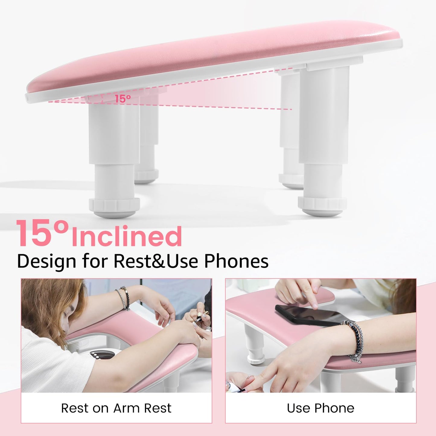 Big Arm Rest for Nails Tech: 2nd Generation U-Shaped Manicure Nail Arm Rest Stand Height Adjustable Armrest Microfiber PU Leather Hand Rest Pillow for Acrylic Nails (Pink)