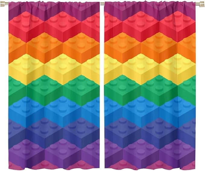 Colorful Building Blocks Cartoon Toy Printed Curtains, Bedroom, Living Room, Architecture, Curtains, Fun Brick 3D Design Curtains, Children's Living Room, Window Treatment Panels 2 Panels 72x63in