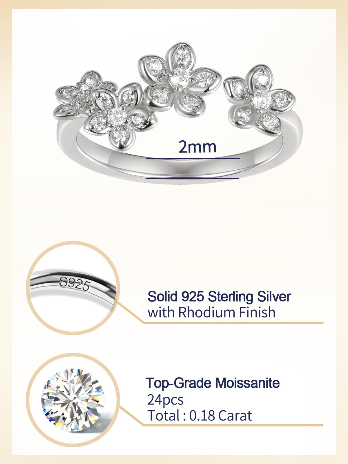 CYW Sterling Silver Moissanite Ring Adjustable Flower Floral Womens Stacking Open Rings Size 9