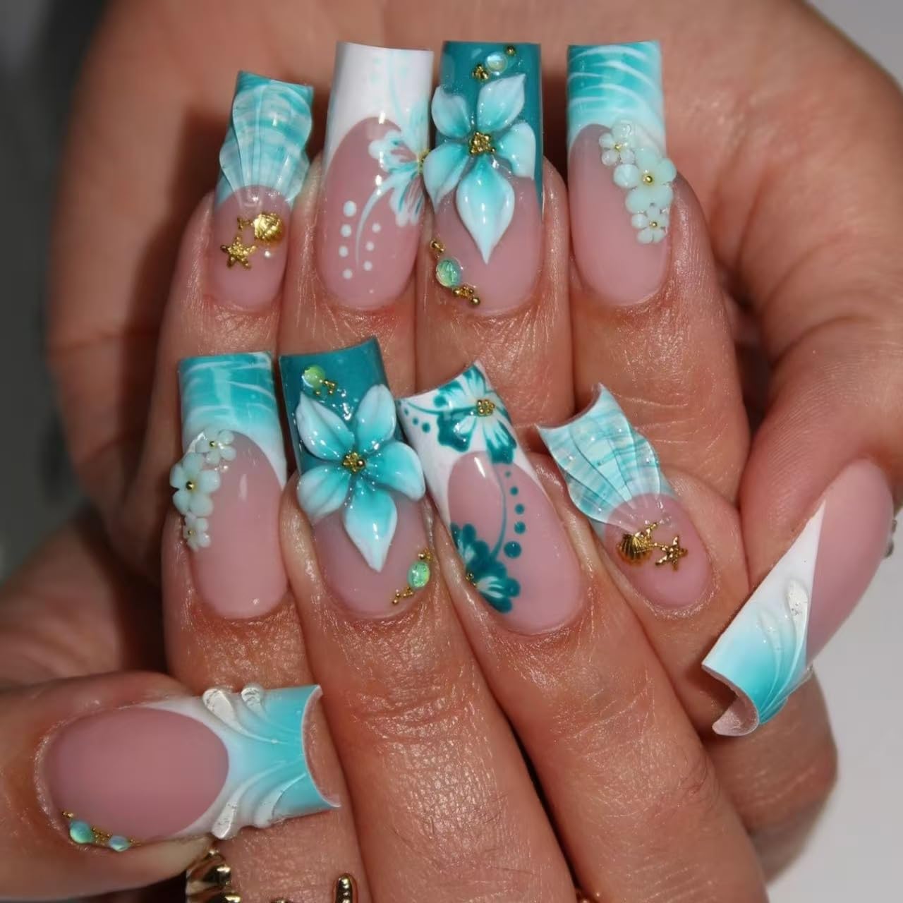plalely Blue Press on Nails French Tip,Handmade Acrylic Press on French Tip Nails with Flower Designs，Long Square Nail Press Ons for Women 24pcs