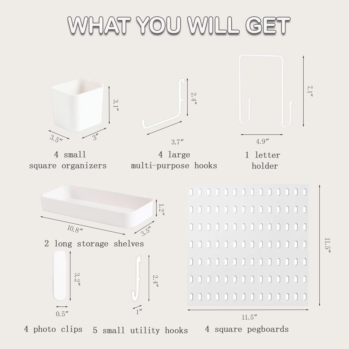Pegboard Wall Mounted Organizer Storage Set, Includes 4 White Pegboards and 20 Hanging Accessories, 23" x 23" Plastic PegBoard Panels Combination Kit for Home, Office, Garage Tool Storage & Craft Room