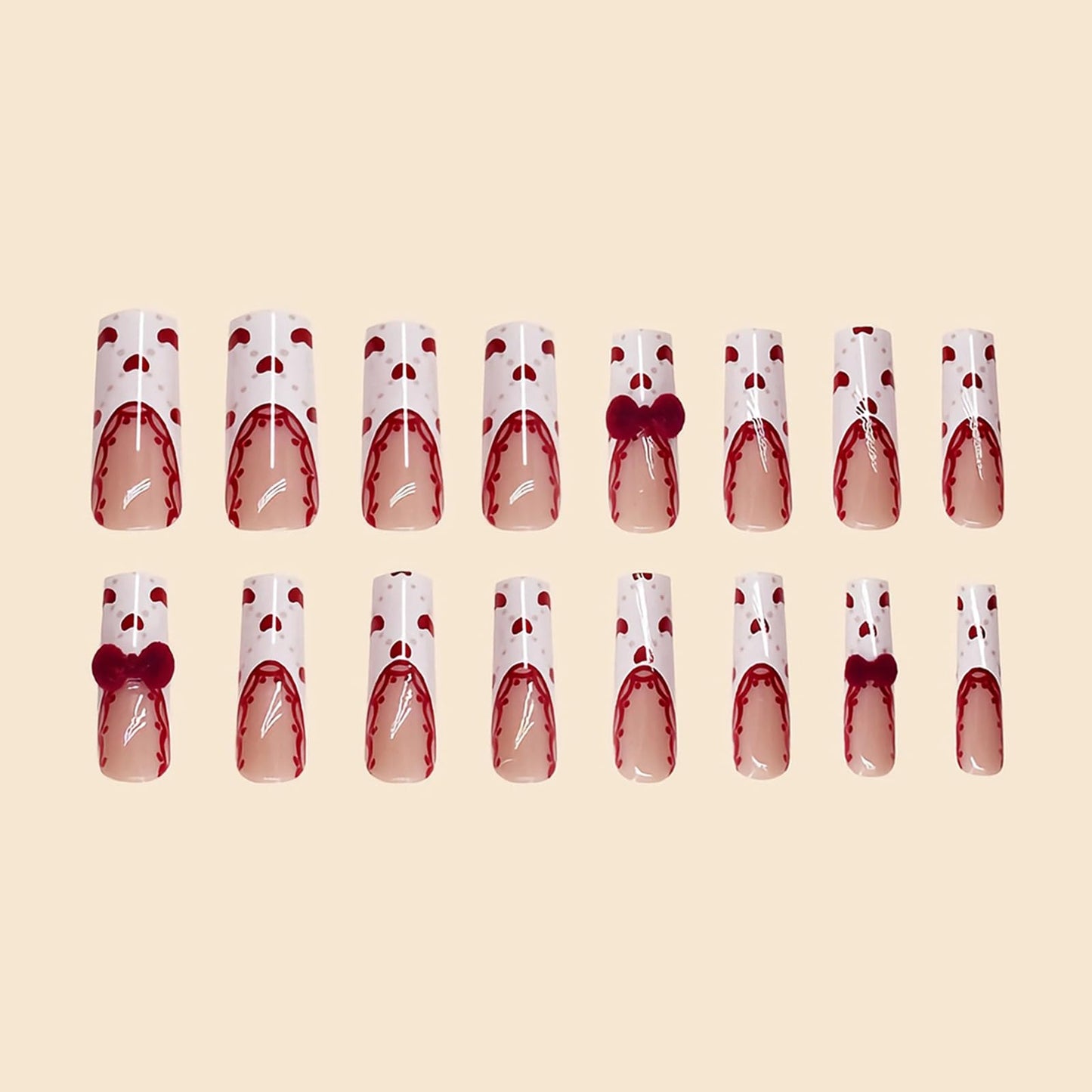 MISUD Press on Nails - Long Square Fake Nails with White French Tip, Acrylic Valentines Heart Design 24 pcs