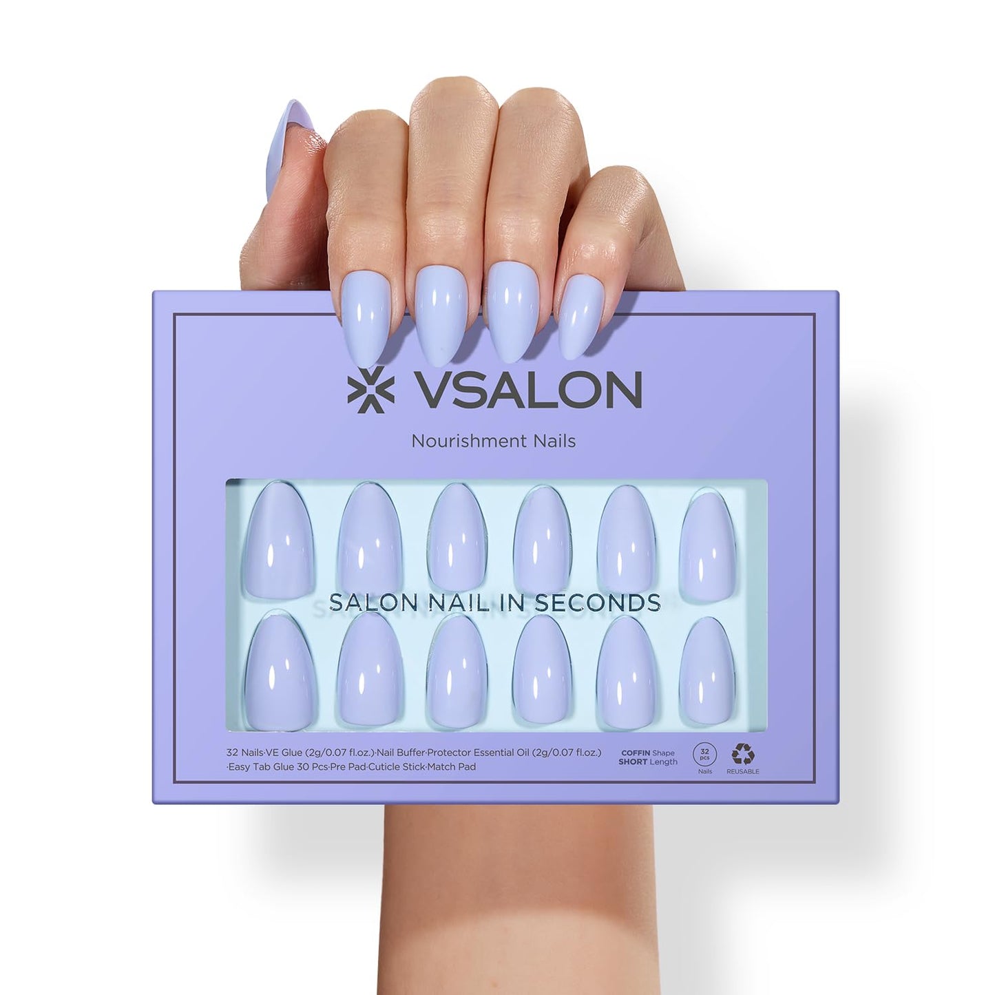 VSALON Press on Nails Short Almond - Pastel Blue Spring Summer Fake Nails Kit for Women, Opaque Reusable Salon Quality Gel Nails with Glue & Cuticle Oil - 32 PCS Stick On Nails in 16 Sizes