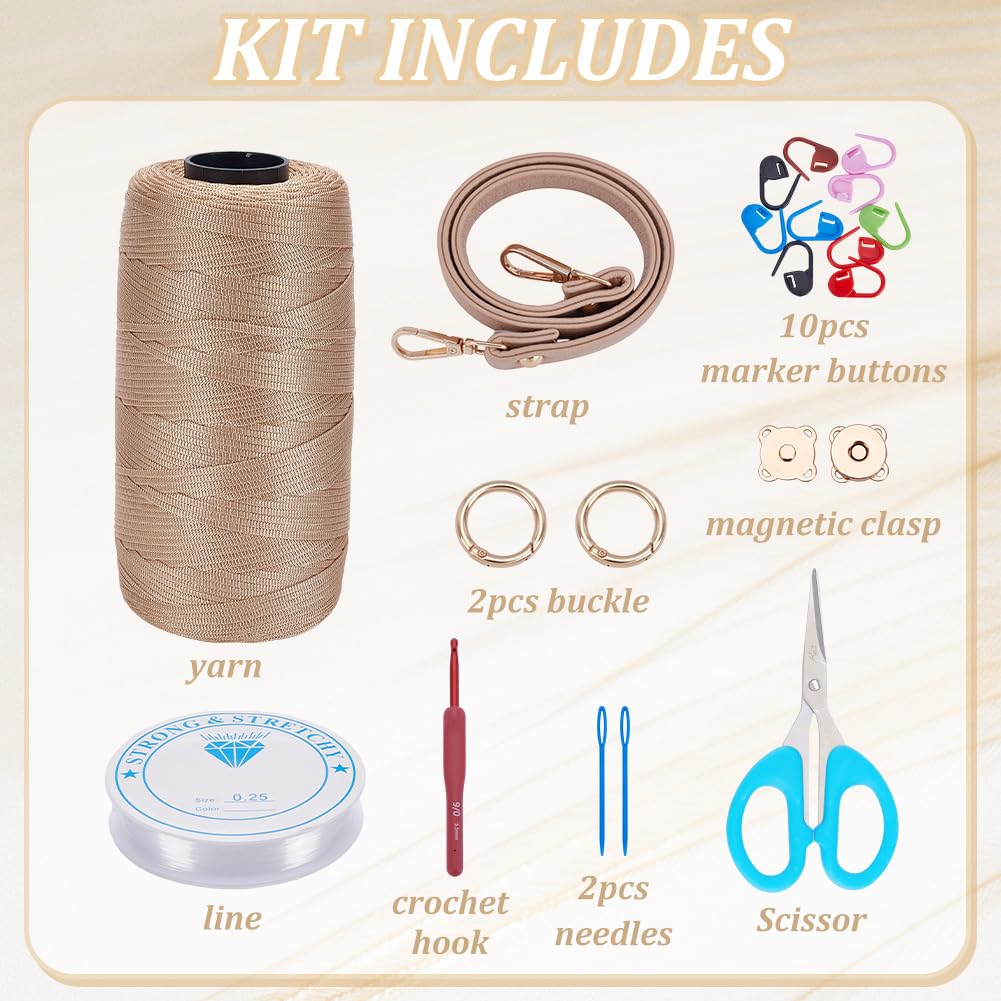 FREEBLOSS DIY Crochet Bag Making Kit Crochet Starter Kit with Video Tutorial PU Leather Handle Handmade Shoulder Bag Set for Beginners Birthday Gift Beige