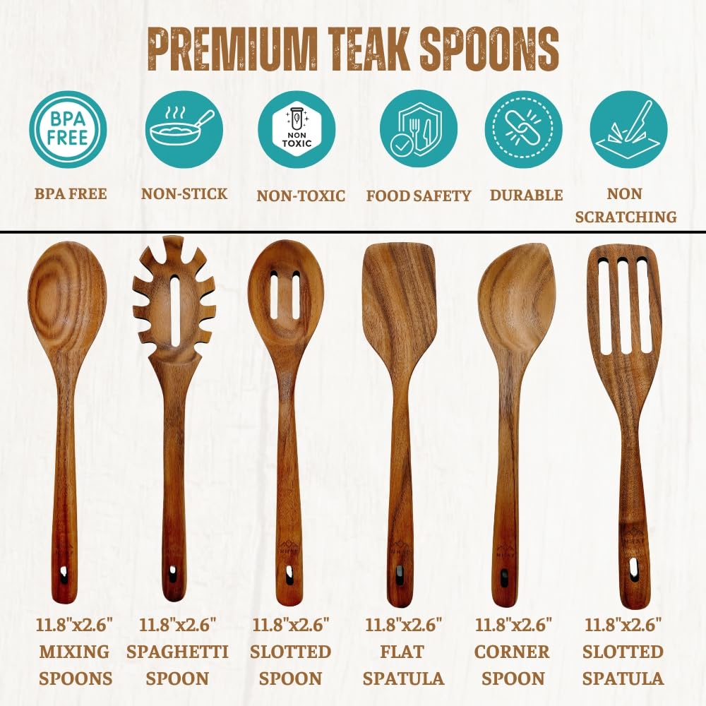 NHAF Wooden Utensils for Cooking, Premium Teak Healthy Spoons, Wooden Spoons for Cooking, Durable Eco-Friendly and Safe Teak Cooking Spoon, Cooking Gifts for Mom (set of 6) and Hooks
