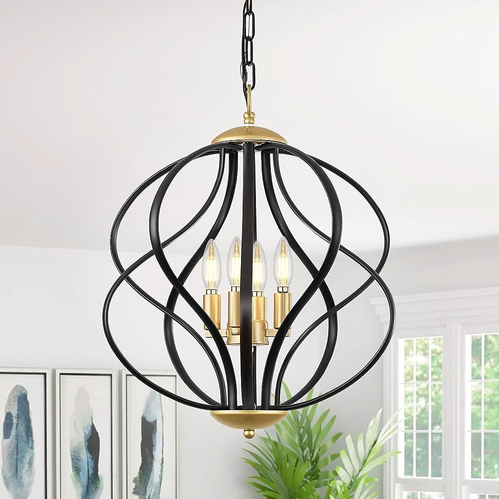 Modern Black and Gold Chandelier for Dining Room, 4 Lights Geometric Chandeliers, Sphere Chandelier Industrial Large Pendant Light Fixtures Hanging for Kitchen, Entryway, Foyer, Stairs