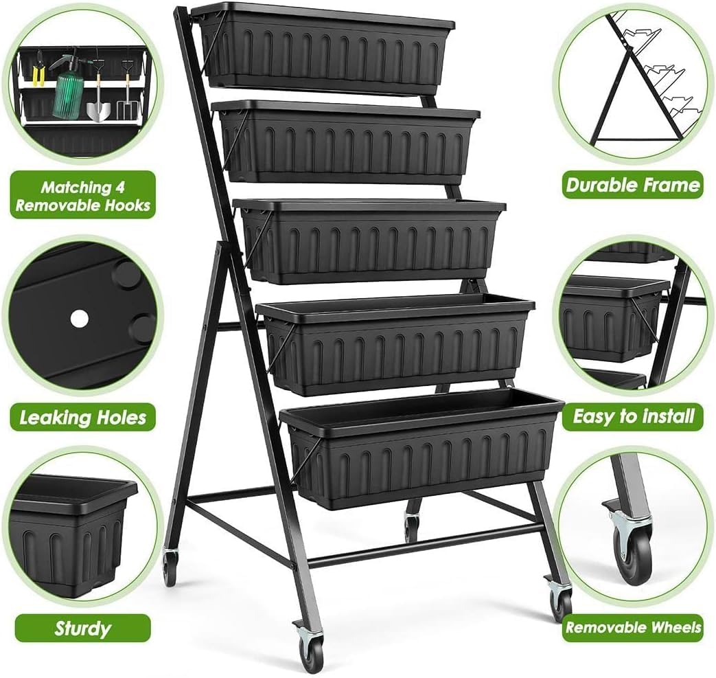 SEJOV 2 Pack Vertical Raised Garden Bed, 5-Tier Vertical Garden Planter with Drainage System, Larger Elevated Planter Box for Herbs Vegetables Flowers Indoor Outdoor (Black with Lockable Wheels