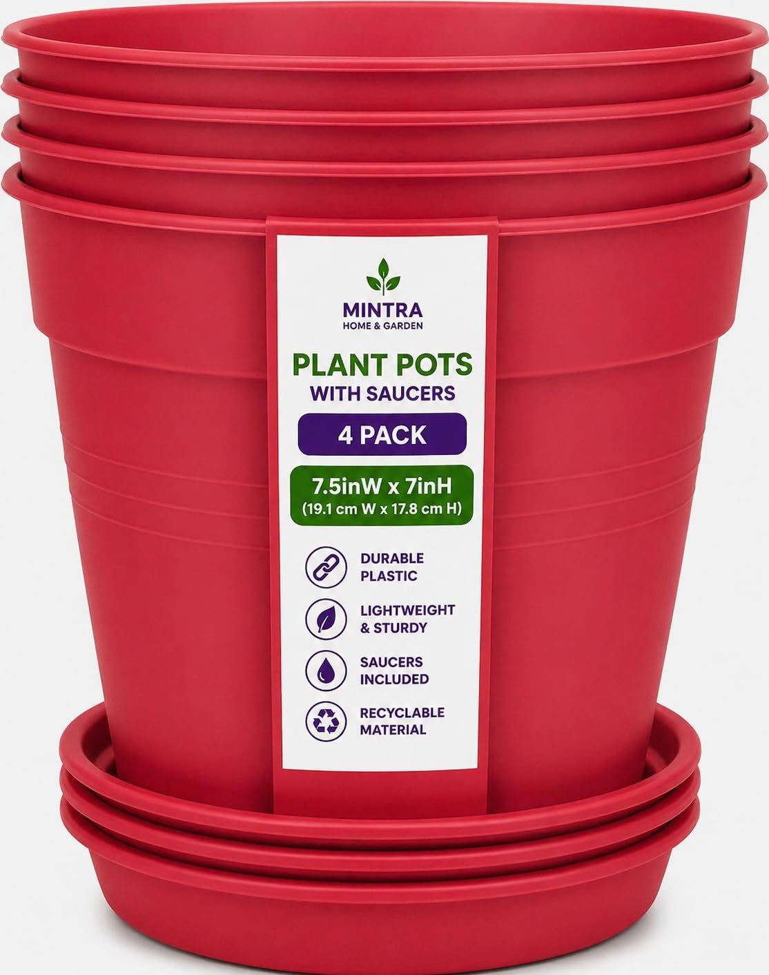 Mintra Garden Pots, 4 Pack Bulk Plastic Plant Pots with Drainage Tray, Round Indoor & Outdoor Decorative Planters with Drain Holes for Flowers, Herbs & Plants, 15cm Diameter – Coral, 7.5 in