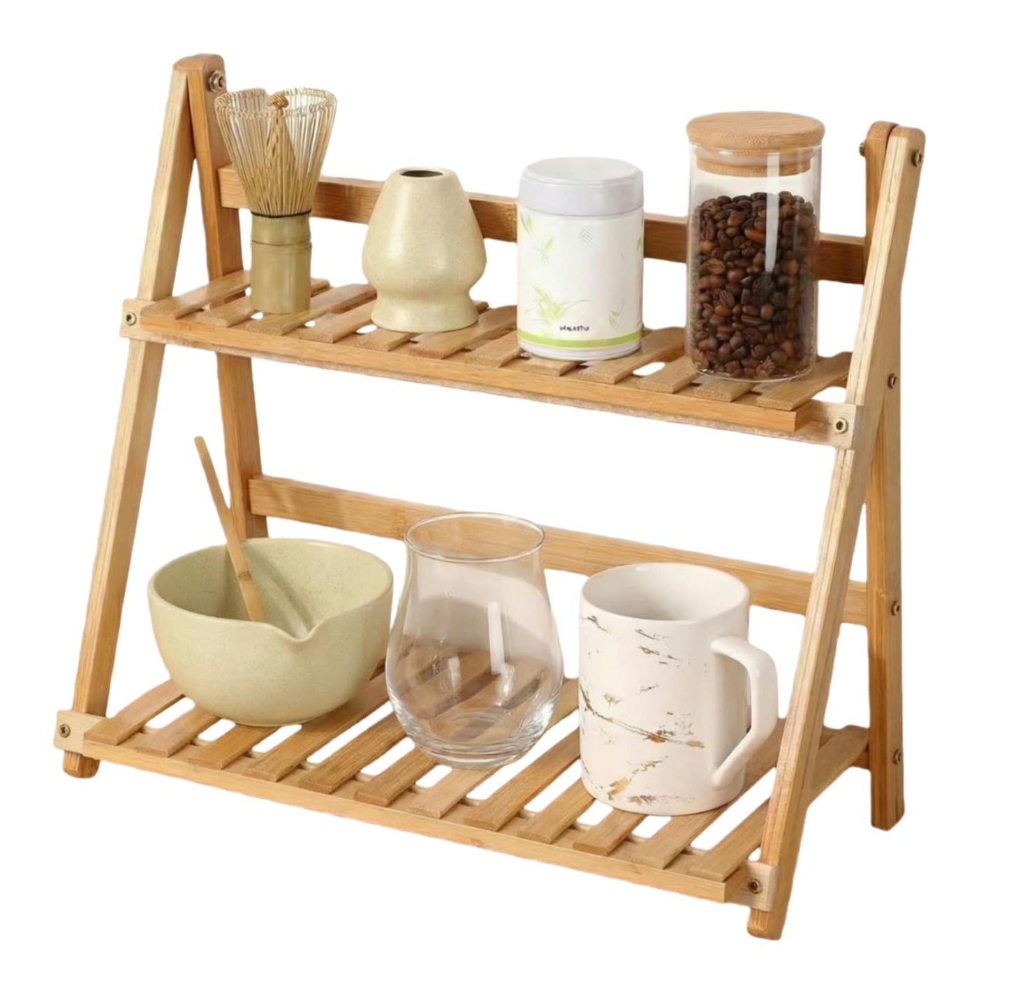 NUOLUTH Matcha Station Organizer Shelf：Bamboo organizer for coffee bar,Matcha Whisk,Small plants,bathroom,11.7" Foldable Countertop Display Rack for Kitchen,Window Sill&Living Room 2 Tier