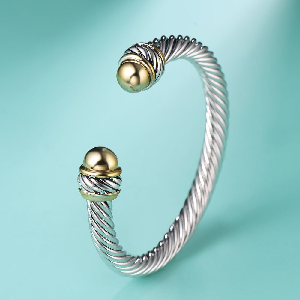 UNY JEWEL Two Tone Twisted Wire Rope Open Cuff Bracelet Metal Gold Tips for Women
