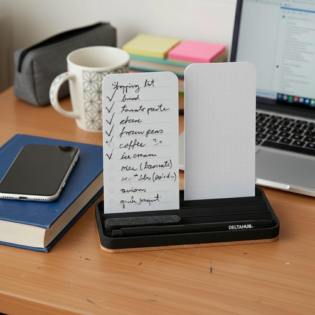 DeltaHub Reusable To-Do List for Desk - Dry Erase Daily Planner with 2 Cards, Marker & Eraser - Minimalist Desktop Organizer for Office, Work from Home - Analog Productivity Tool (White)