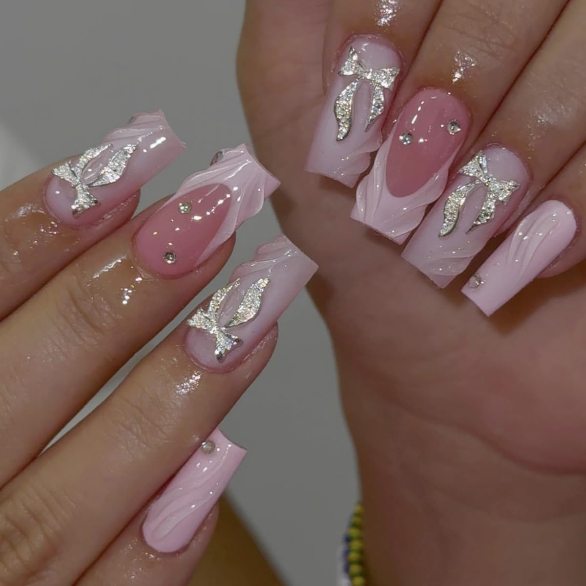 plalely Square French Tip Press on Nails Long Pink Fake Nails Embossed Glossy Bow Stick on Nail Tips for Women