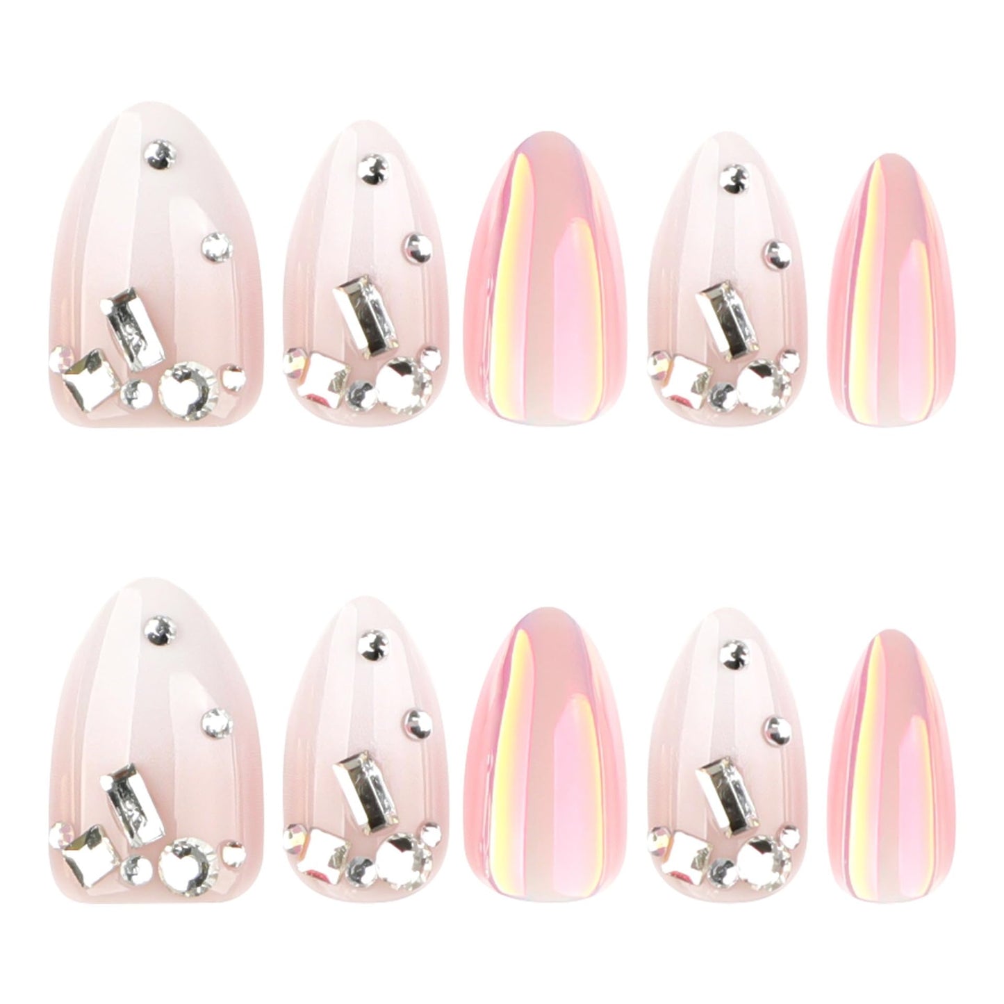 CTTHNBD Press on Nails Almond - Ombre White Fake Nails with Rhinestone Design - Medium False Nails Press ons - for Women 24 Pcs