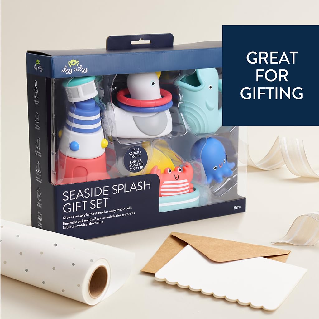 Itzy Ritzy Bathtime Gift Set – 12-Piece Baby Bath Toys for Infants & Toddlers – Stacking Lighthouse, Ring Toss, Scoop, Squirters & Sailboat – Develops Motor Skills & Teaches Cause & Effect (Nautical)