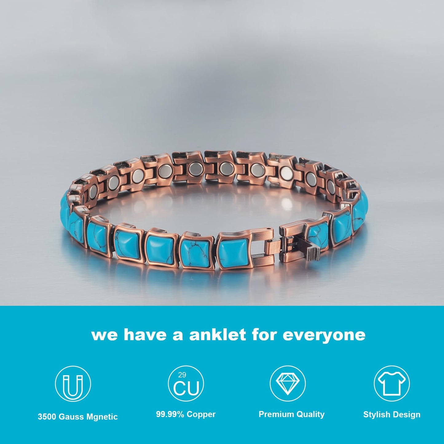 EnerMagiX Copper Anklet for Women, Pure Copper & Turquoise Magnetic Bracelet, Modern Style (0037)