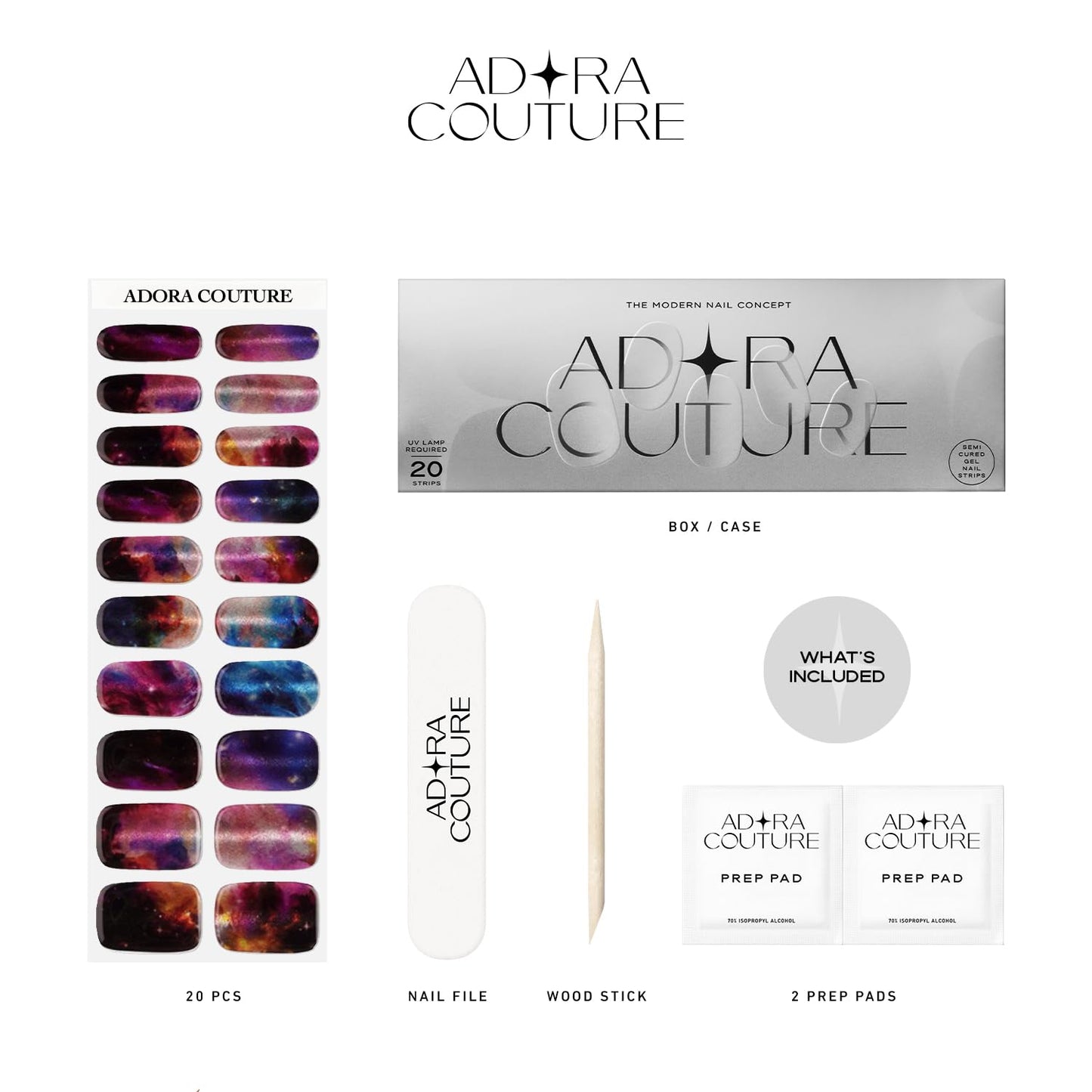 Adora Couture Semi Cured Gel Nail Strips with 20 Pieces - UV Gel Stickers, Manicure Kit, Easy Application Wraps Includes Prep Pads, Nail File, Wooden Stick - UV Light Required (Constellation)