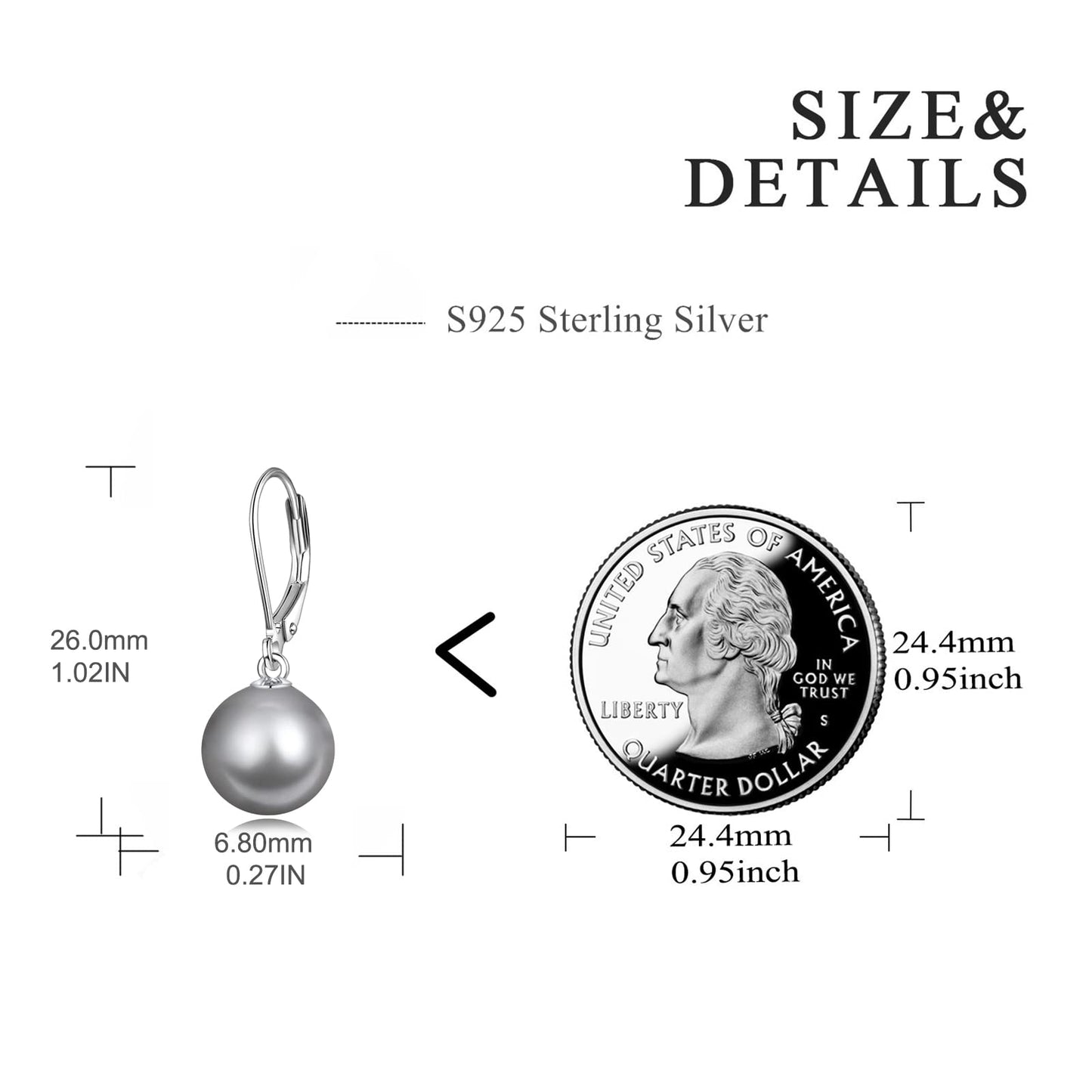 925 Sterling Silver Grey Pearl Leverback Earrings Dangle Drop Jewelry Gifts for Women (Black Pearl-A)