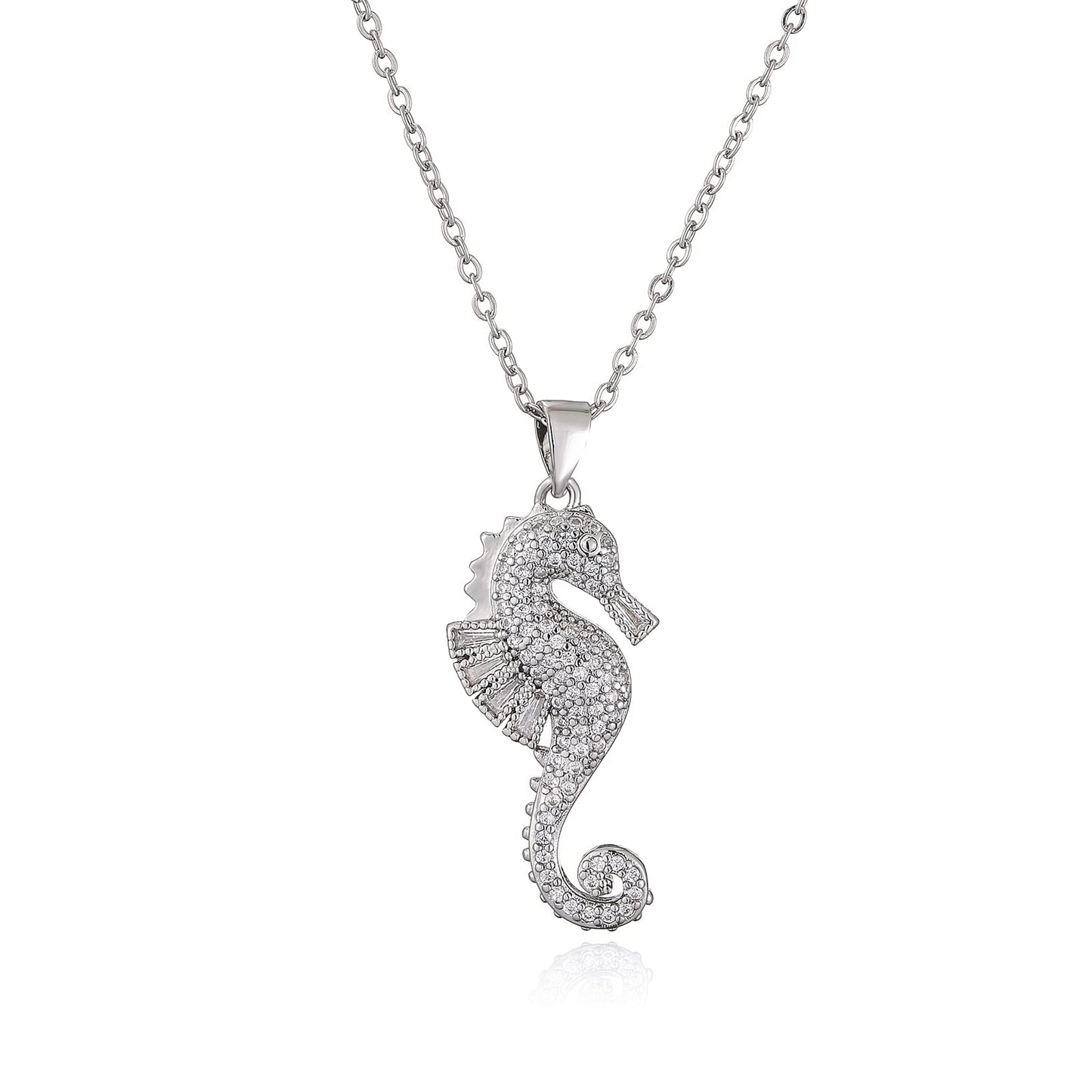 cmoonry 18K Gold Plated CZ Zircon Seahorse Pendant Necklace For Women 17.7"+2" (White Gold)