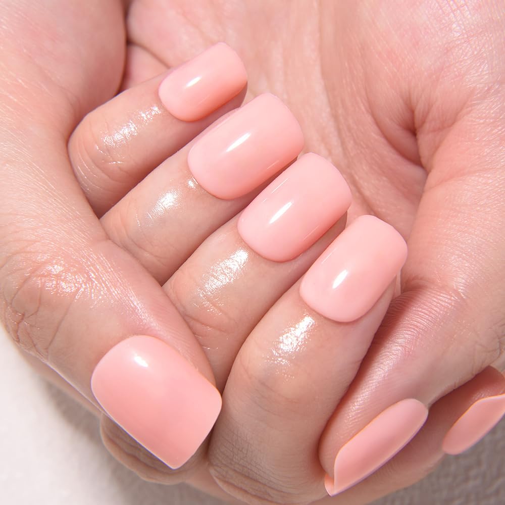 evpct Warm Pink Short Press on Nails Square, Glossy Soft Gel Acrylic Fake Press on Nails Manicure Kit, Reusable Artificial Stick on Nail for Women, Full Cover Easy Application Easy At-Home Salon