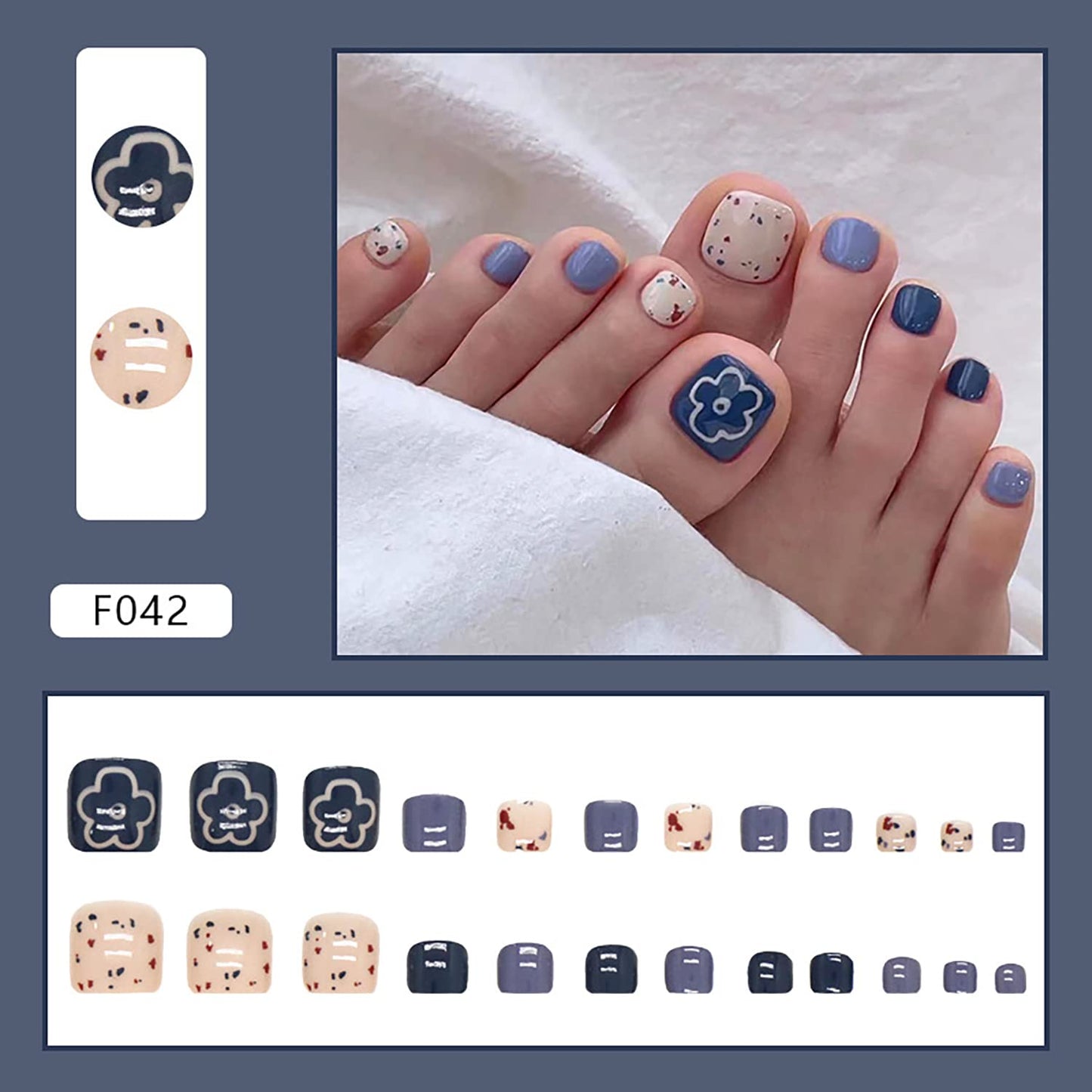 Toe Press on Nails with Designs, Full Cover Reusable False Toenails with Glue Set, Glue on Toenails for Women, Artificial Acrylic Fake Nails for Toe, Peel and Stick Nail Polish Designs for Toenails