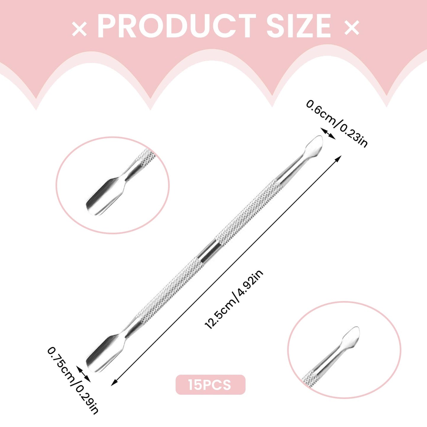 15 Pcs Stainless Steel Cuticle Pusher Remover and Cutter, Metal Cuticle Pusher, Double Sided Manicure Pedicure Nail Tool for Fingernails and Toenails