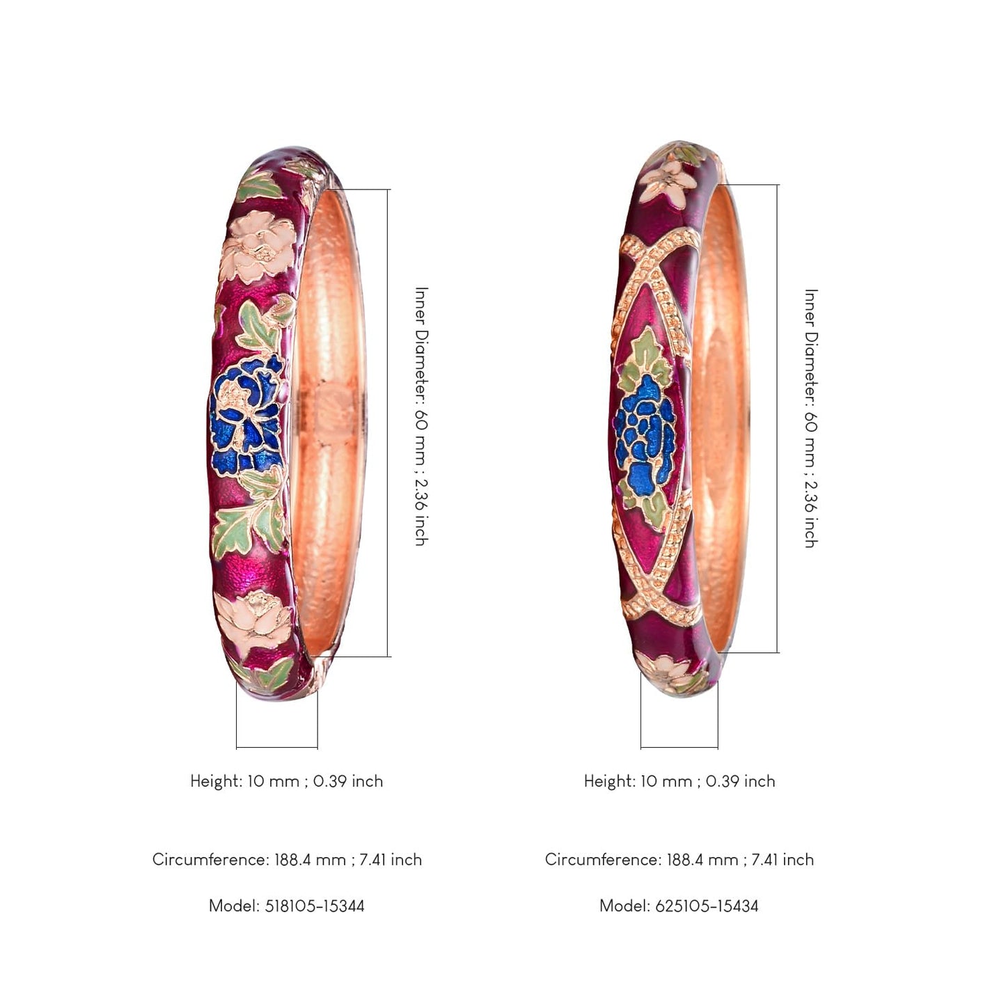 UJOY Gorgeous Bracelet Enameled Jewelry Spring Hinge Metal Cuff Cloisonne Rose Gold Bangles Set Gift Box Packed 55A113-55A128 Purple