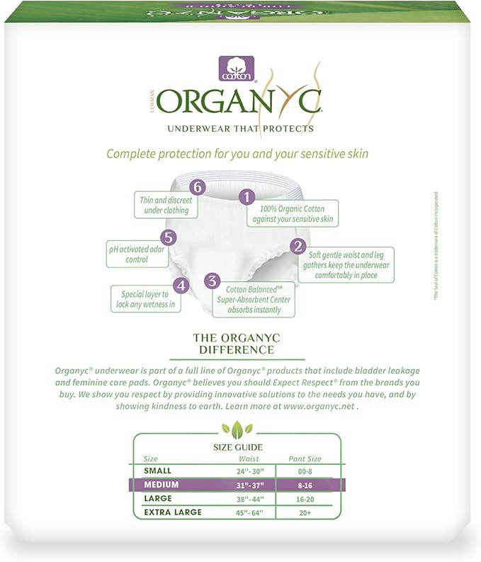 Organyc Bladder Control Underwear for Women - Organic Cotton Protective Underwear for Incontinence, Leak Protection, Odor Protection and Sensitive Skin, Medium, 56 Count